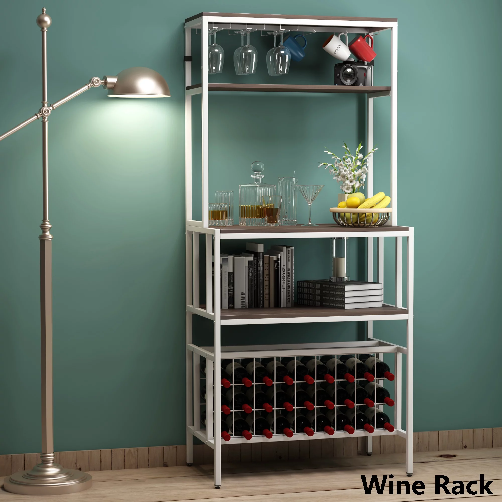 Industrial Modern Bakers Wine Rack, 5-Tier Baker Rack Freestanding Bar Table with Wine Storage&Glass& Cup Holders&Hooks, Kitchen Microwave Stand with Hutch, Metal Book Shelf and Office Rack