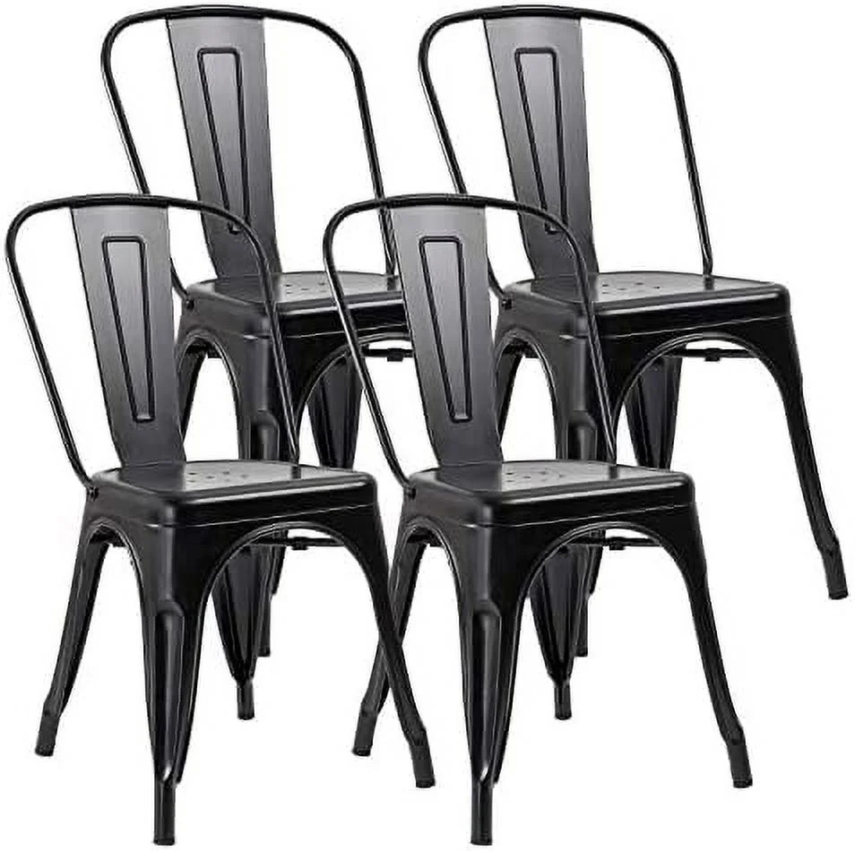 ZWNLKQG Iron Metal Dining Chair Stackable Indoor-Outdoor/Classic/Chic Industrial Vintage Chairs Bistro Kitchen Cafe Side Chairs with Back Set of 4 (Black)