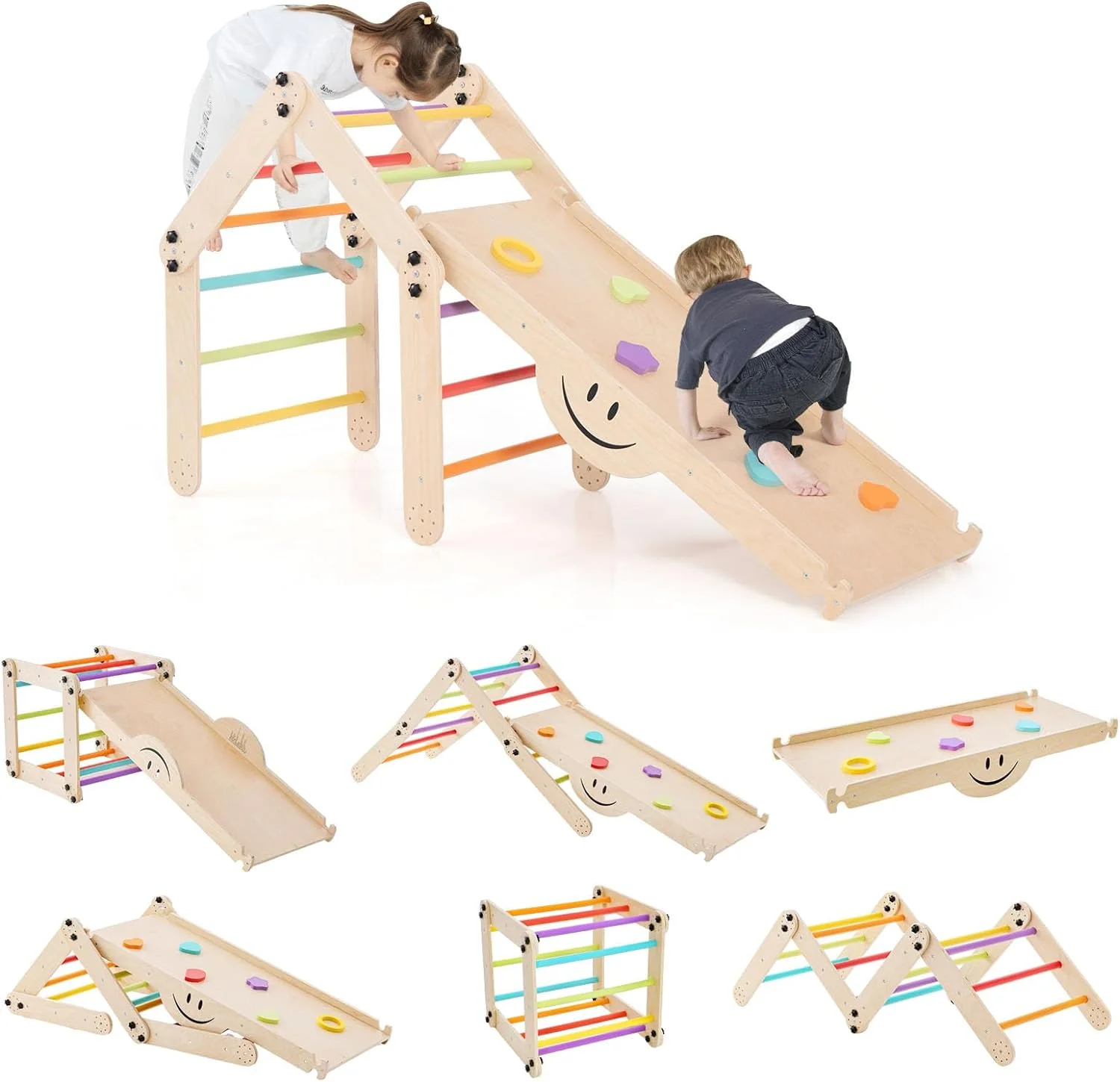 Climbing Toys for Toddlers, 10 in 1 Wooden Pikler Triangle Set, Double Side Ramp & Climber, Seesaw, 2-Piece Learning Indoor Montessori Climbing Ladder Gym for Kids