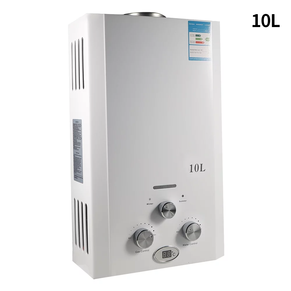 KingFurt 10L Natural Gas Water Heater White Coating Front Panel & Gray Bottom 20KW Rated Power With Temperature Display