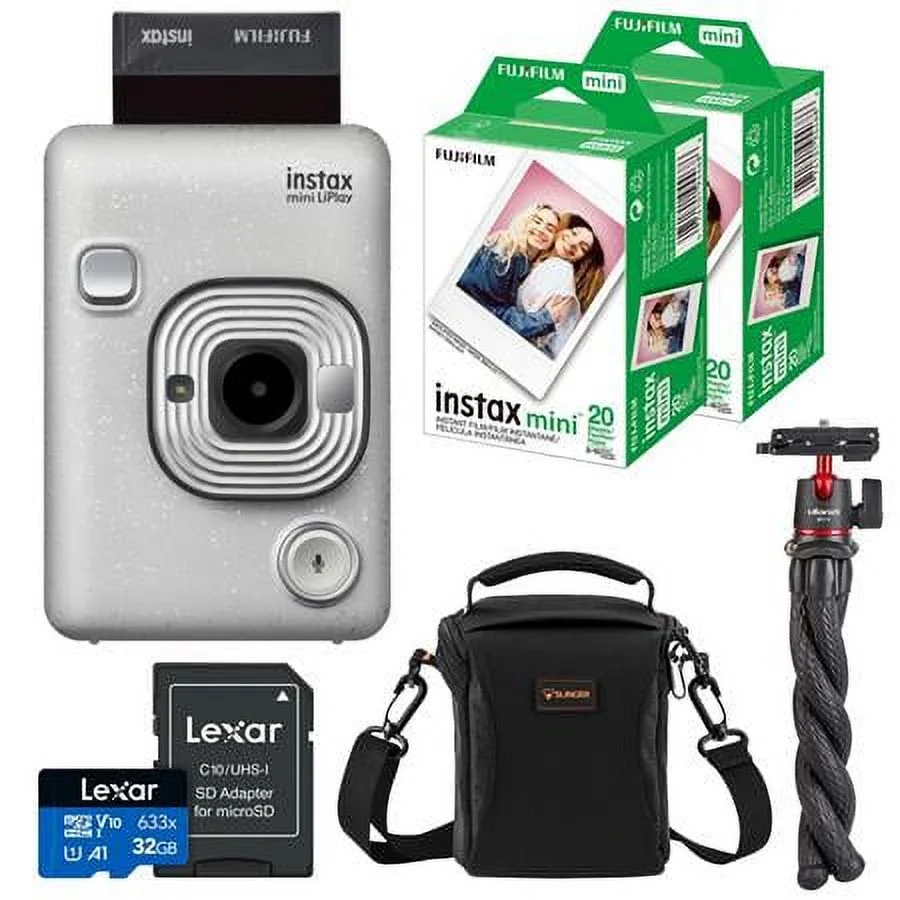 Instax Hybrid Mini LiPlay Instant Camera, Stone White +  2x Instax mini Instant Films 40 Exposures, 32GB Micro SD Card, Multi-Device Shoulder Bag, Multifunctional Octopus Tripod with Ball He