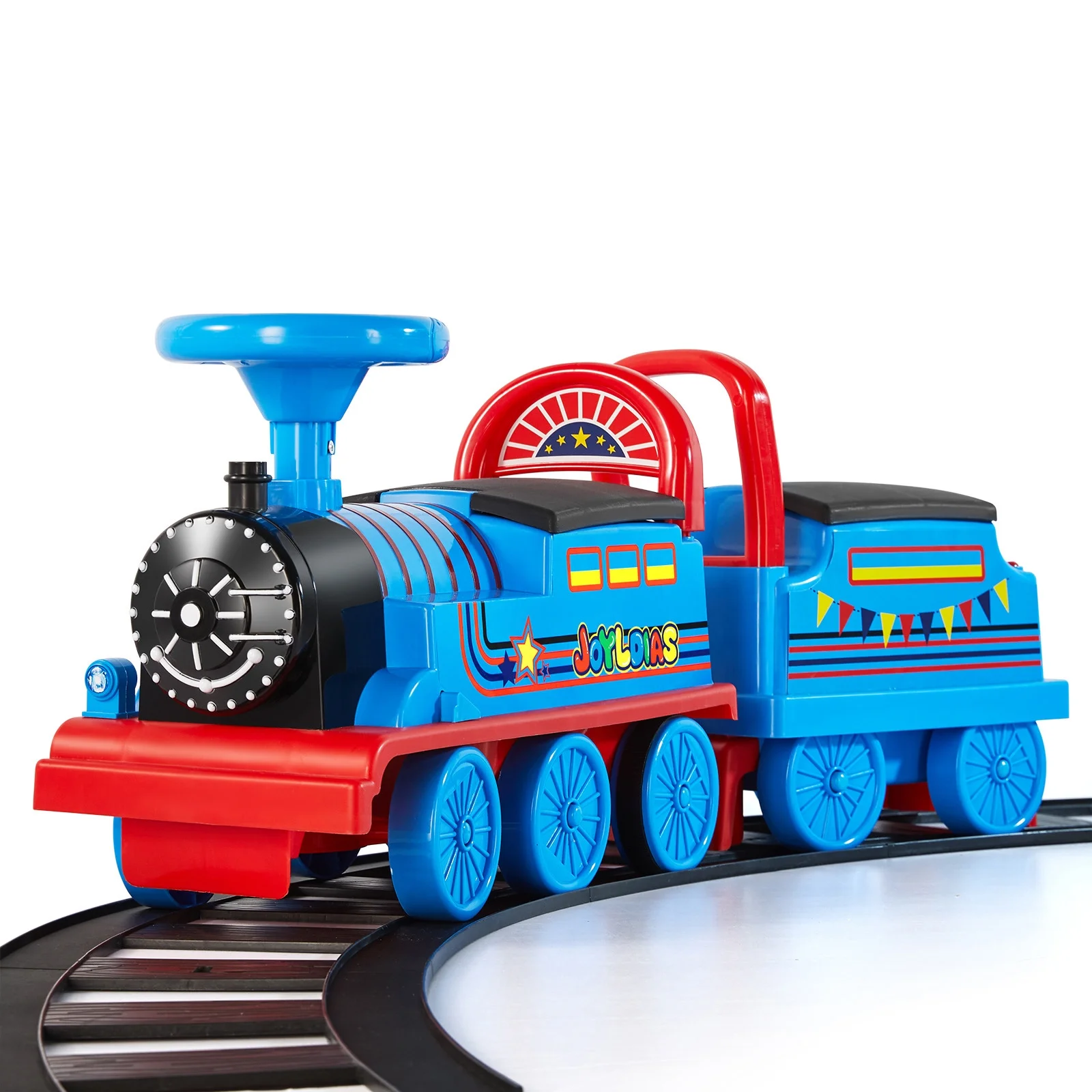 JOYLDIAS Blue 6V Kids Electric Ride on Train Toddlers Age 1-3 Boys Girls w/Curved Tracks,Carriage,Songs,Lights,Horns,Storage