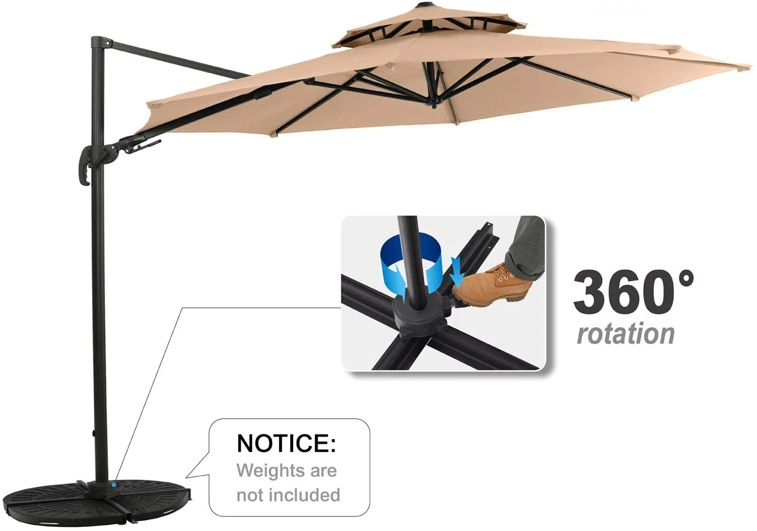 MF Studio 11ft Offset Cantilever Umbrella Double Top Deluxe Outdoor Patio Market Umbrella, 360 Degree Rotation with Cross Base, Beige