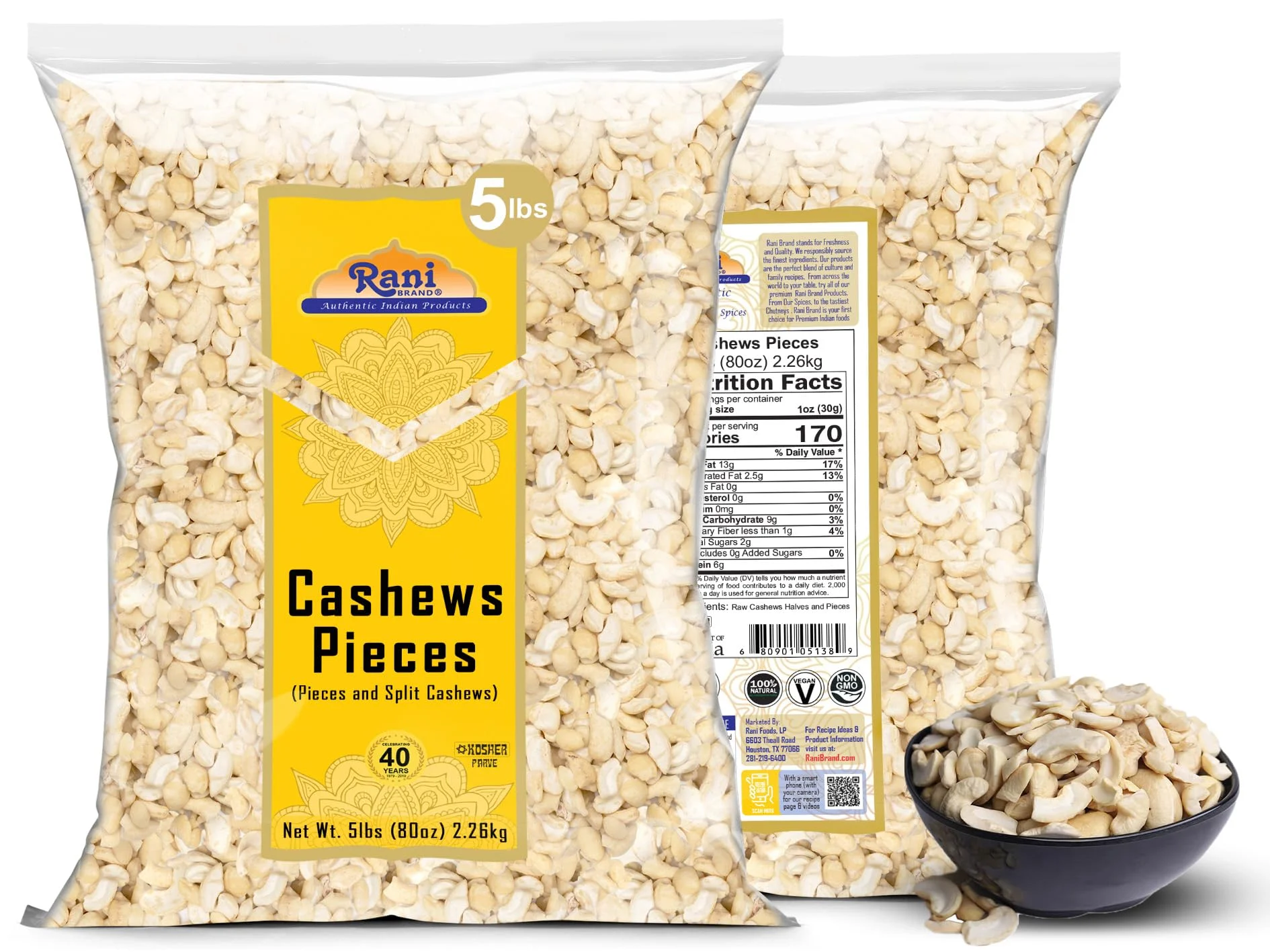 Rani Raw Cashews Halves and Pieces (uncooked, unsalted) 80oz (5lbs) 2.27kg Bulk ~ All Natural, No Preservatives | Vegan | NON-GMO | Kosher | Gluten Friendly