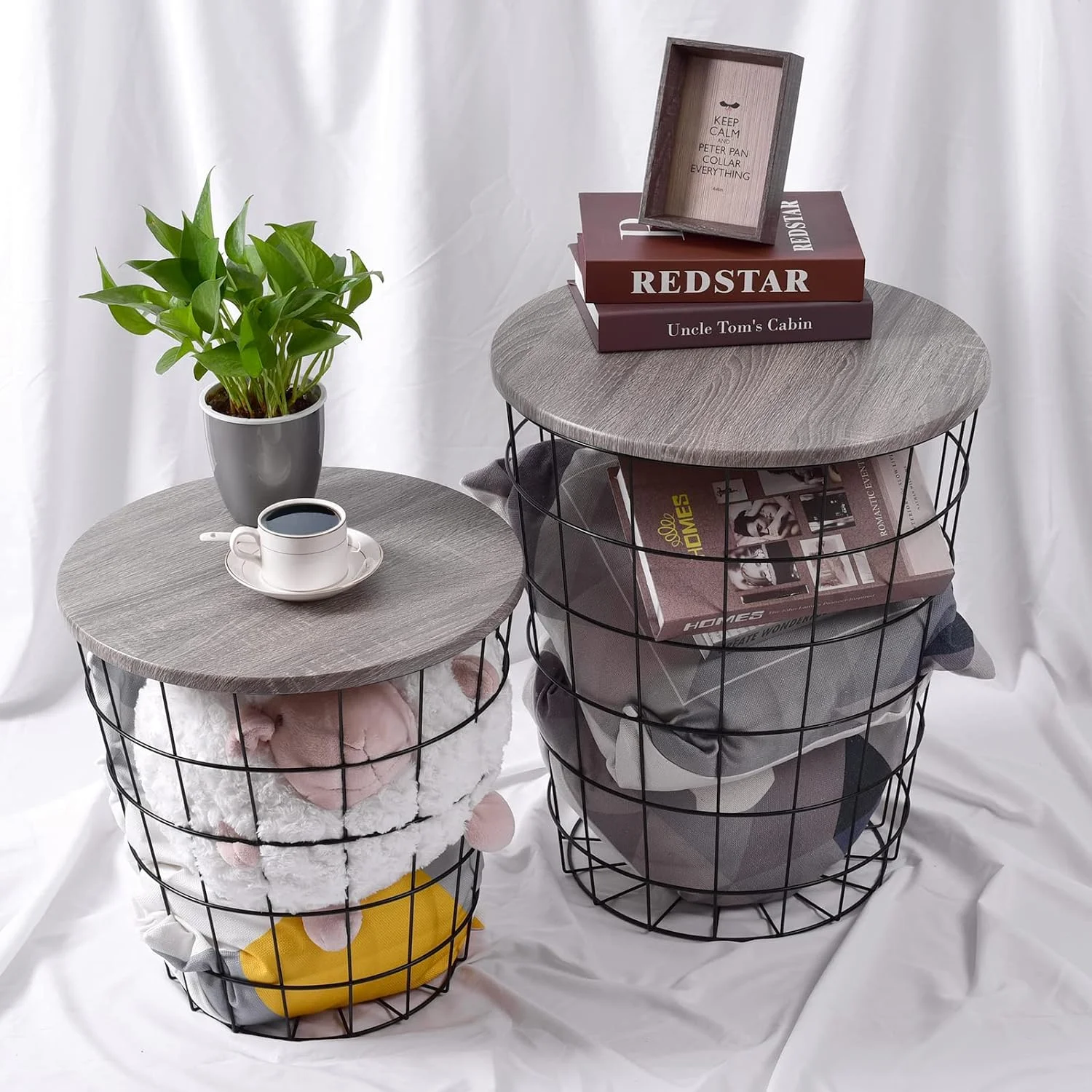 Home-Man Round Nesting Retro Wire Coffee Tables Stacking Storage Convertible Metal Basket Nesting Accent Side End Tables with Storage for Living Room Bedroom Home (Brown  Set of 3)