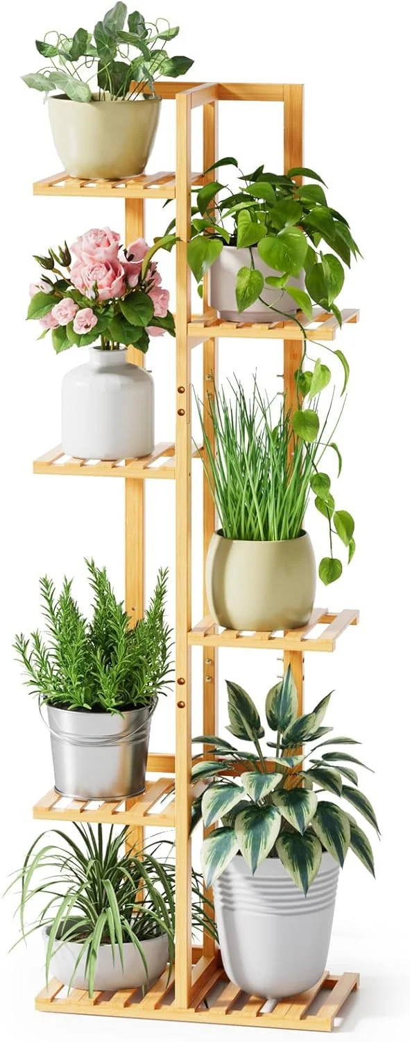 6-Tier Bamboo Plant Stand - Holds 7 Pots, Tall Corner Plant Shelf, Natural Indoor Planter Holder
