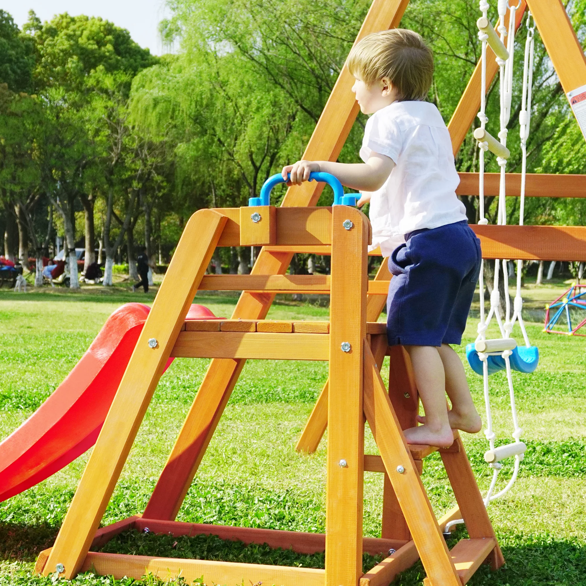 Track 7 Wooden Swing Set,4 in 1 Outdoor Swing Set with Slide,Climbing Rope,Outdoor Playset Backyard Climb Swing for Toddlers,Wooden Swing-N-Slide Set Kids