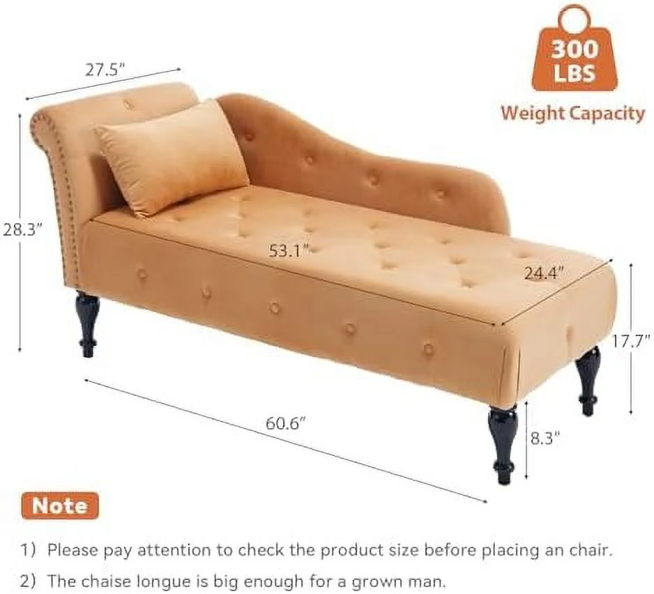 MQLIFEBOOM Tufted Velvet Chaise Lounge Chair Indoor  Modern Upholstered Rolled Arm Lounge Chair Indoor with Nailhead Trim  Lounge Chaise for Living Room Bedroom Office