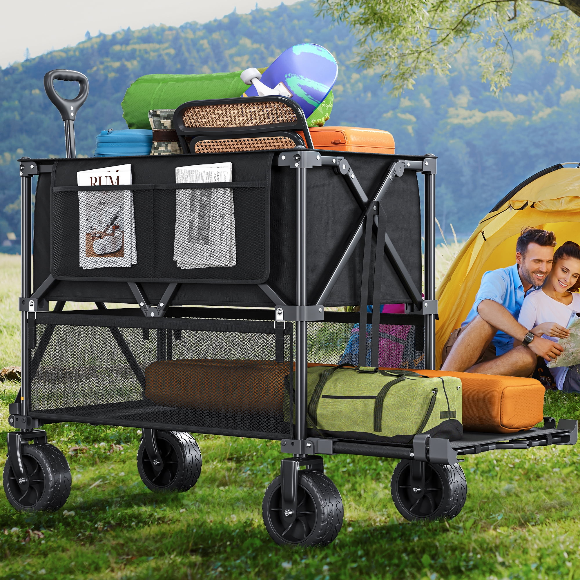 Dextrus 47'' Double Layer Folding Utility Wagon, 450lbs Heavy-Duty Cart , with Large Wheels, Drink Holder, and Pull Rope, Ideal for Shopping, Sports, and Camping,Black