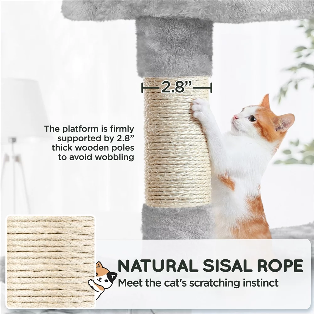 Topeakmart 53.5-in Cat Tree & Condo Scratching Post Tower with Dangling Ball and Ramp, Light Gray