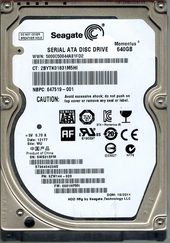 Seagate ST9640423AS 640GB P/N: 9ZW144-020 F/W: 0001HPM1 WU