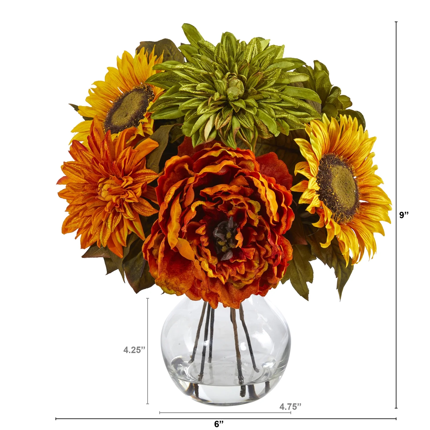 HomeStock Eclectic Elegance 12In. Peony, Dahlia And Sunflower Artificial Arrangement In Glass Vase