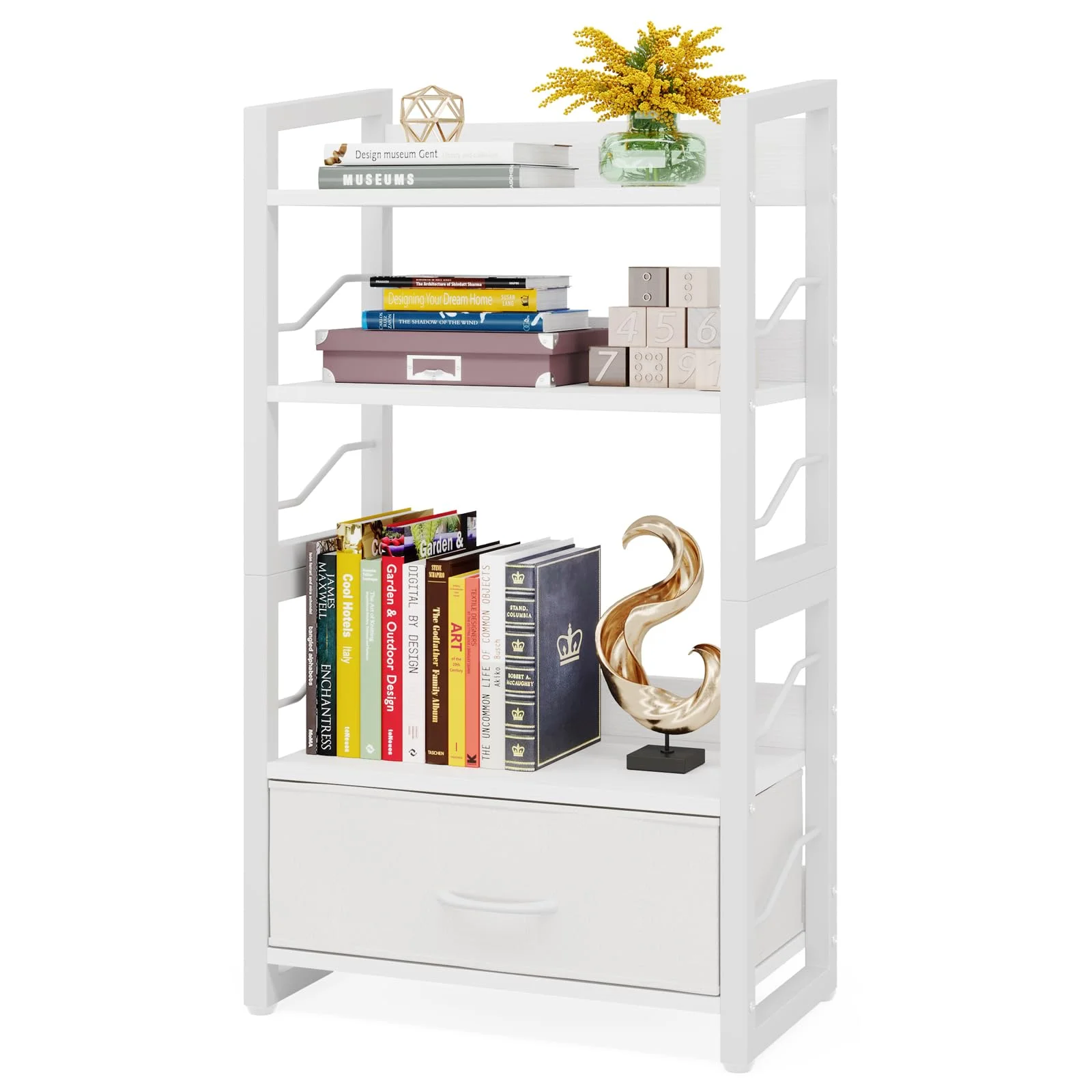 Small Bookshelf with Drawer: 4-Tier Wood Book Shelf Industrial Narrow Bookcase Storage Organizer Metal Stackable Shelves for Desktop Bedroom Living Room Home Office