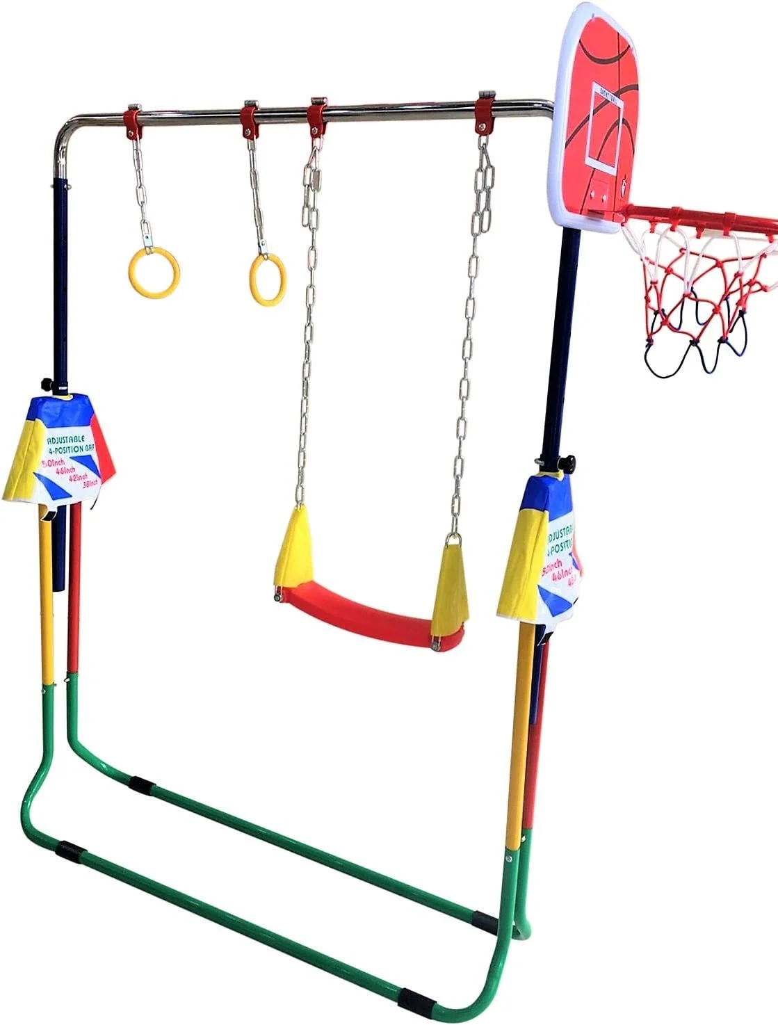 Kids Jungle 4 in 1 Kid Climb and Deluxe Swing Set Playground Child Horizontal Bar Playset Trapeze Rings Gymnastics Monkey Bars Basketball Net Hoop w 3 Balls Expandable Junior Training Bar Foldable