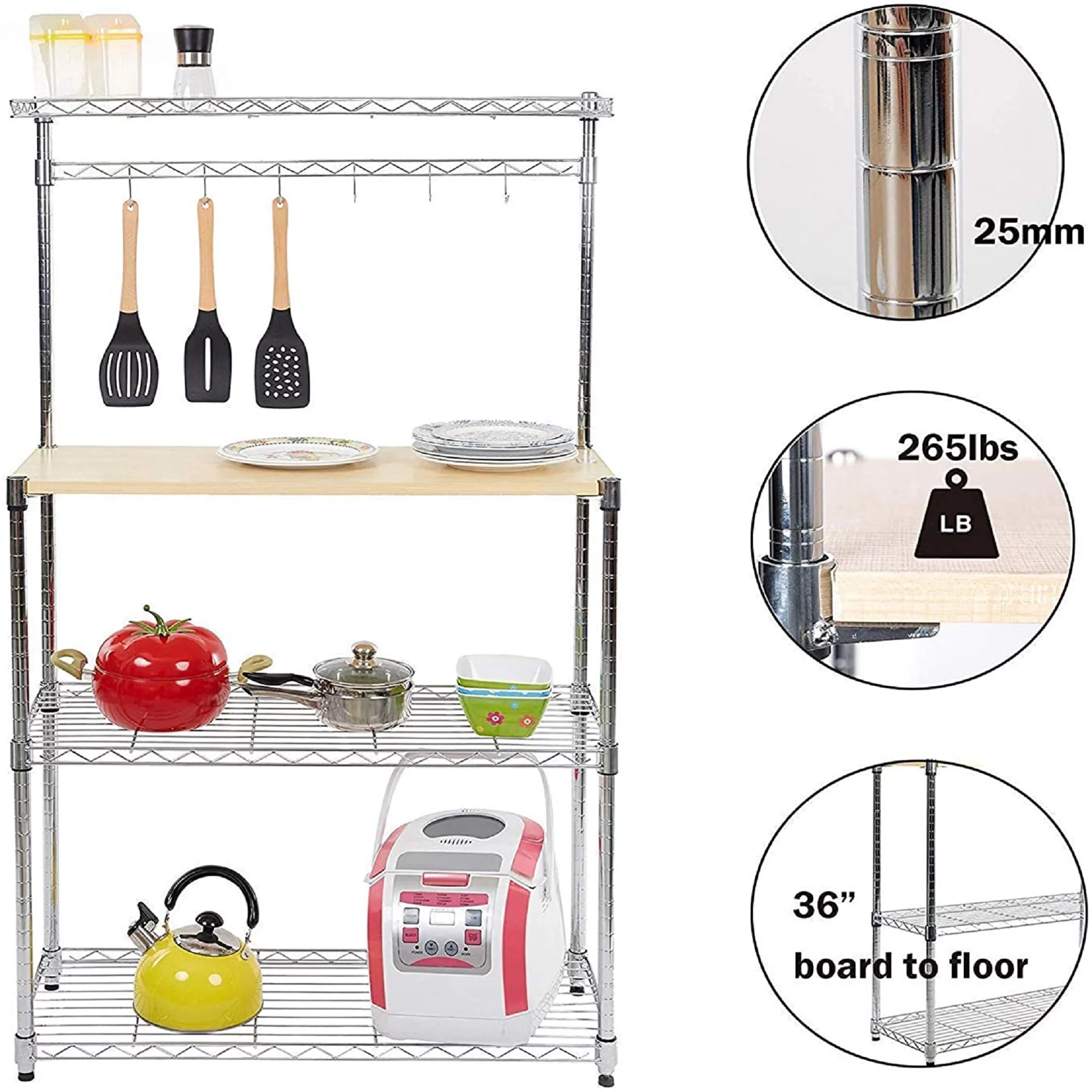 KARMAS PRODUCT Kitchen Bakers Rack Adjustable 4-Tire Wire Storage Shelf Microwave Oven Stand Chrome Wood Organizer Rack, 59” Tall