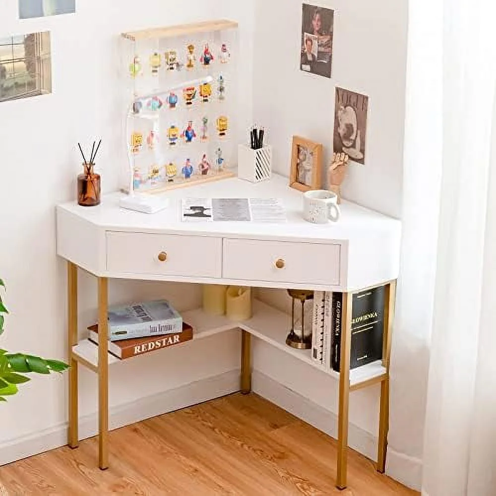 SQWDEC Corner Desk with 2 Drawers  90 Degrees Triangle Corner Computer Desk for Small Space  Bedroom Corner  Vanity Desk with  Shelves & Steel Frame  Space Saving Corner Writing Desk