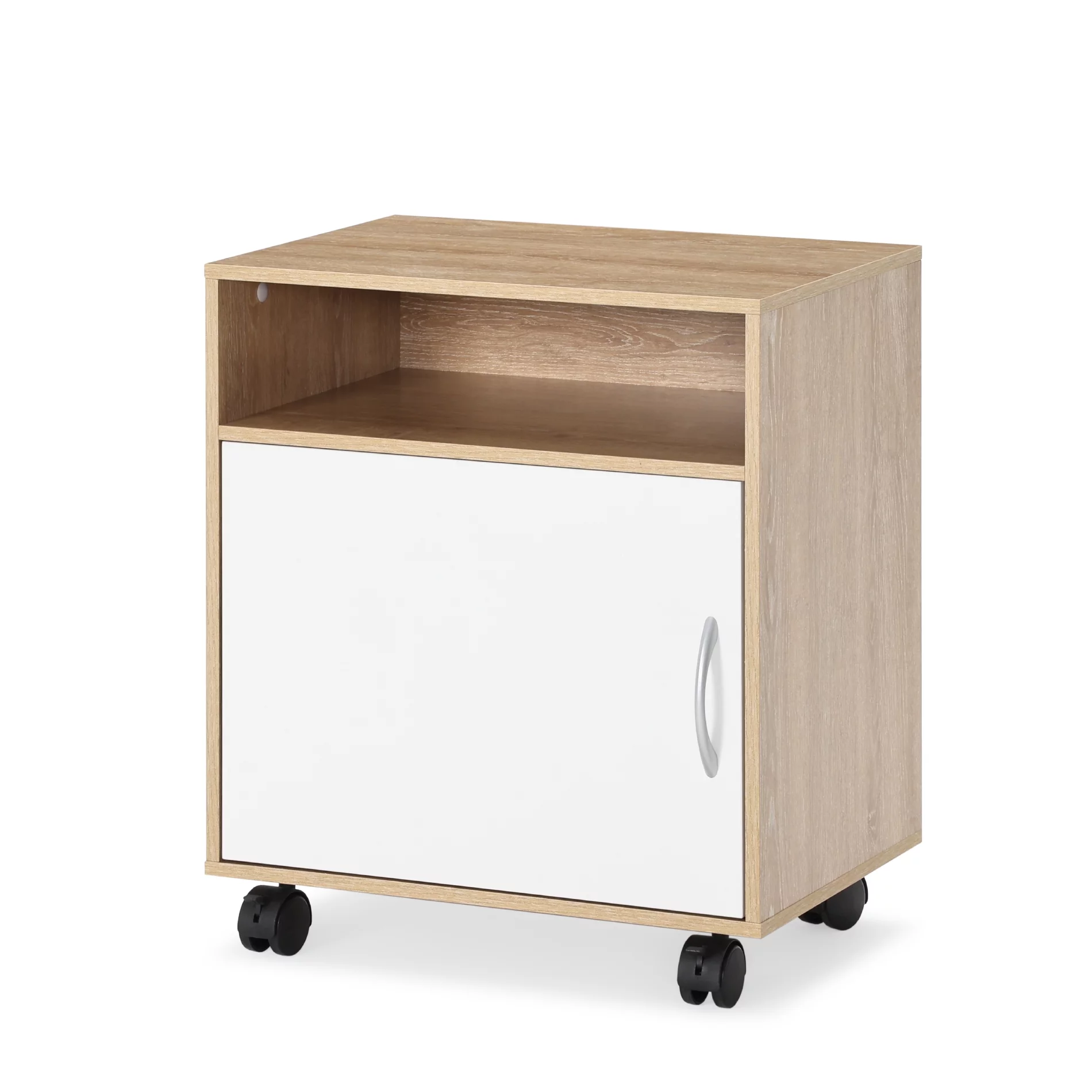 FITUEYES Printer Cart with Door, Mobile Wooden Printer Stand on Wheels, Rolling File Cabinet for Home Office, Natural and White