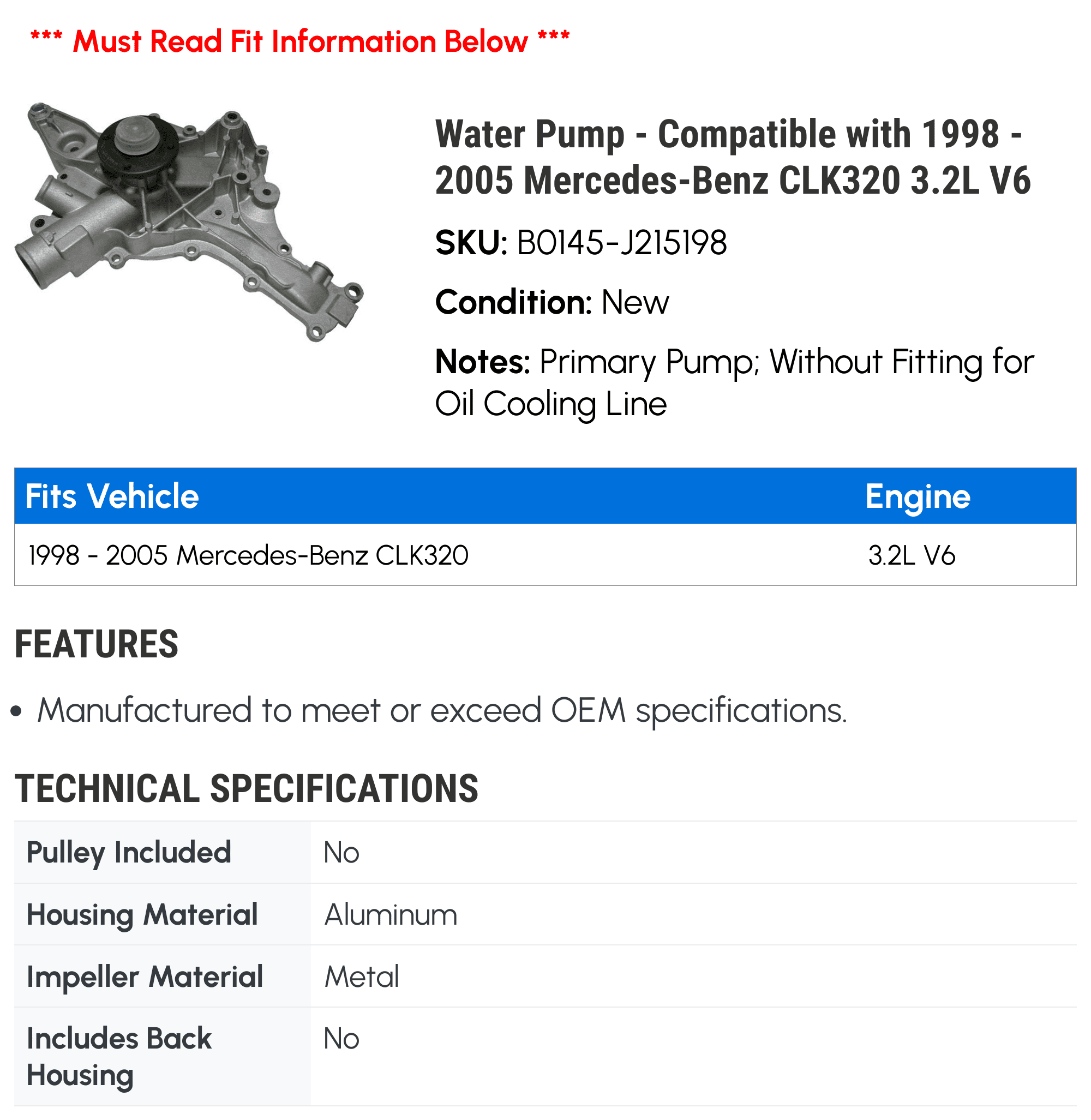 Water Pump - Compatible with 1998 - 2005 Mercedes-Benz CLK320 3.2L V6 1999 2000 2001 2002 2003 2004