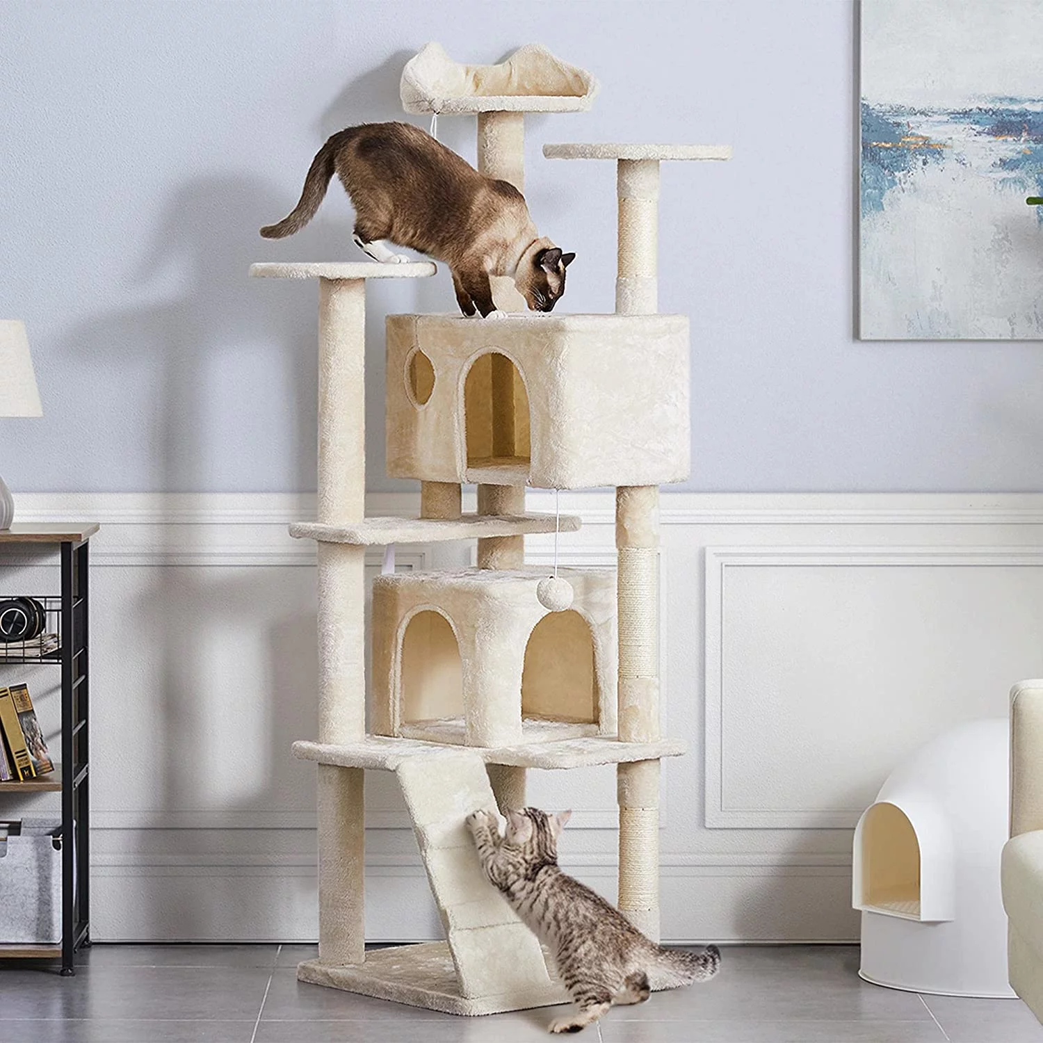 70in Tall Cat Tree: Multi-Level Tower with Scratching Posts, Double Caves, Perched Platforms, Dangling Balls, Beige