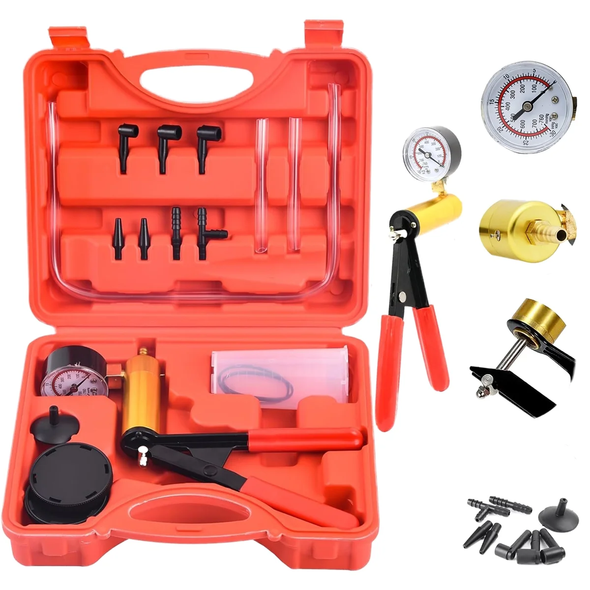 Hand Held Vacuum Pump Tester kit for Automotive with Sponge Protected Case,Adapters,One-Man Brake and Clutch Bleeding System