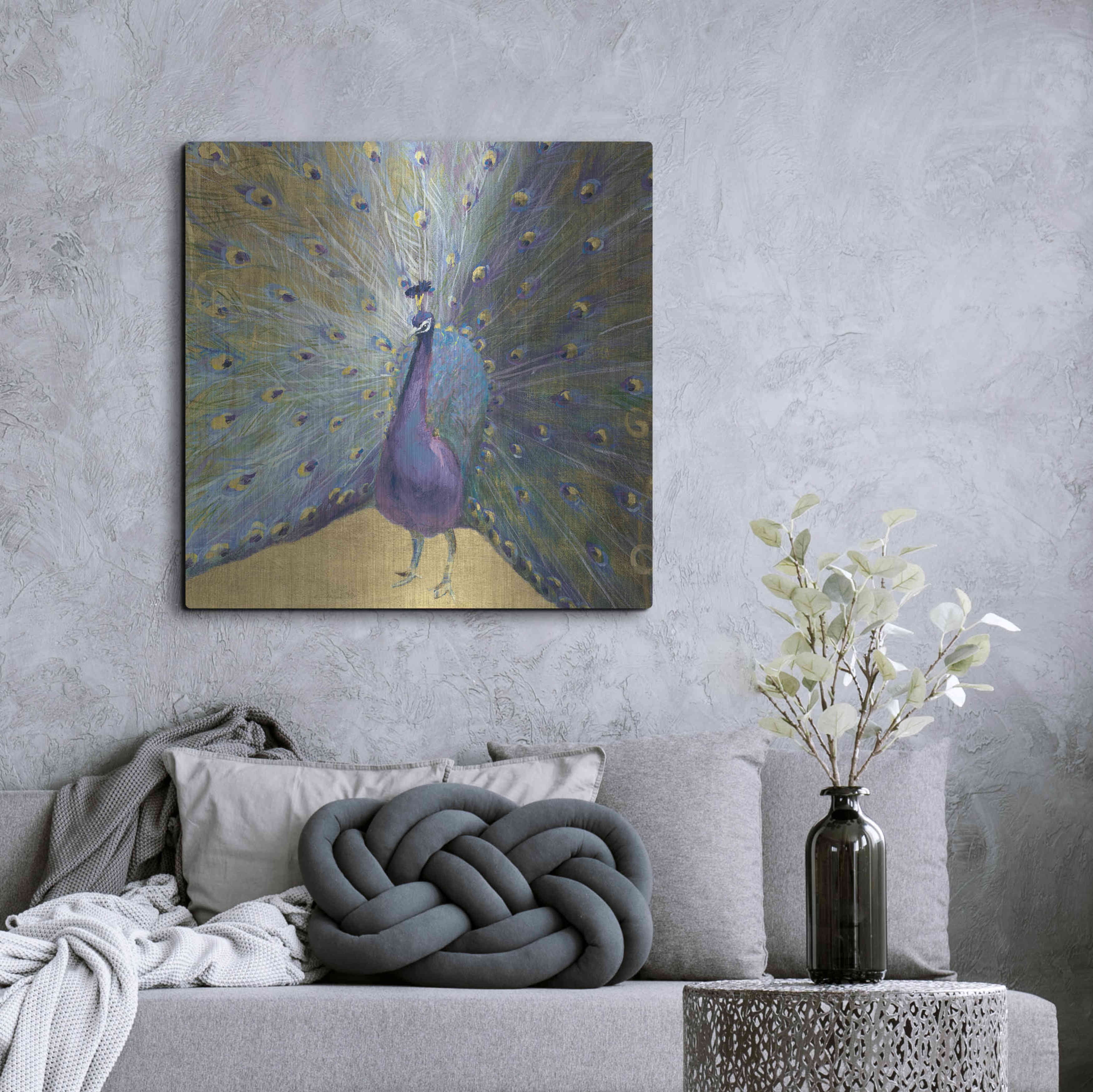 Luxe Metal Art 'Purple And Gold Peacock' by Danhui Nai, Metal Wall Art, 36