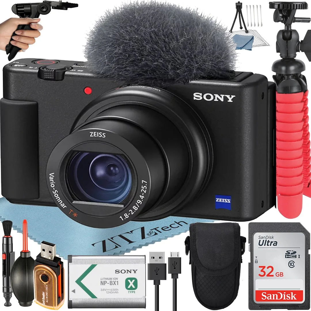 Sony ZV-1F Vlogging Camera (Black) with SanDisk 32GB Memory Card + Tripod + ZeeTech Accessory Bundle