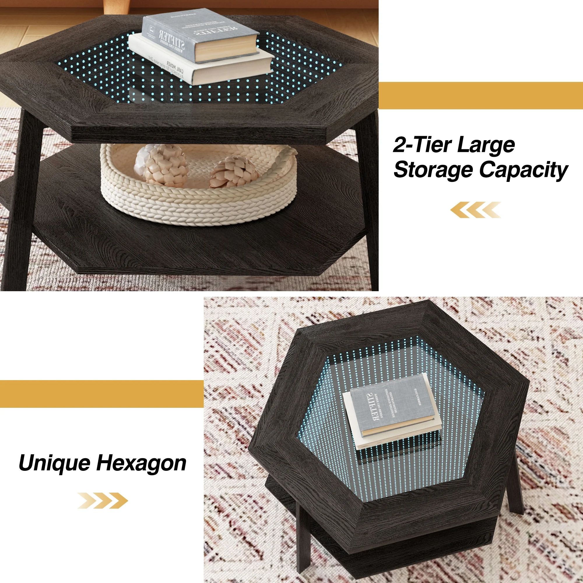 Modern Hexagon Smart Coffee Table with Voice-Activated LED Lights, Bluetooth - Living Room, Reception Room