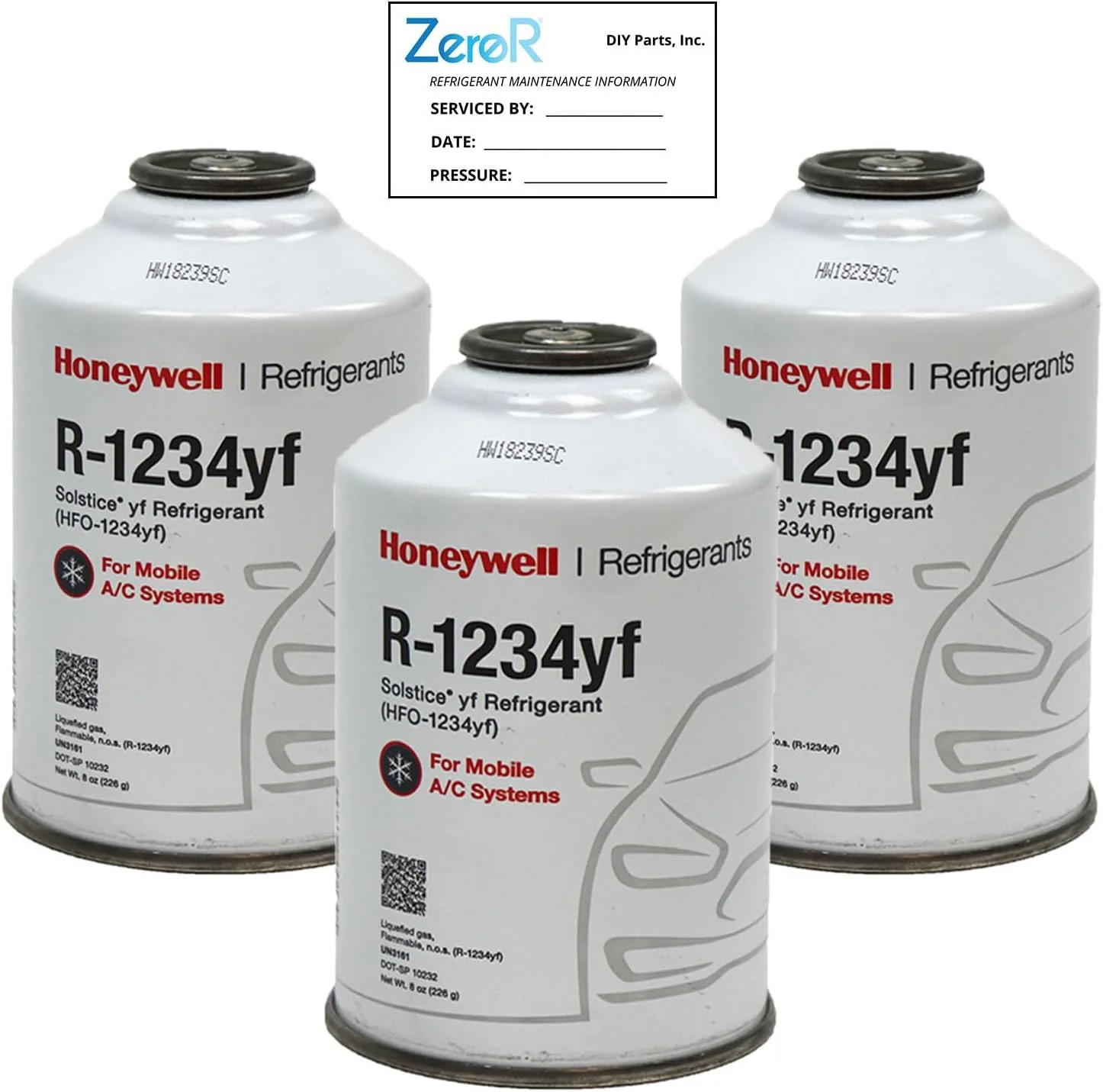 ZeroR® Genuine Honeywell R1234YF in 8oz SSV Cans | 3 Cans with Zeror Service Label