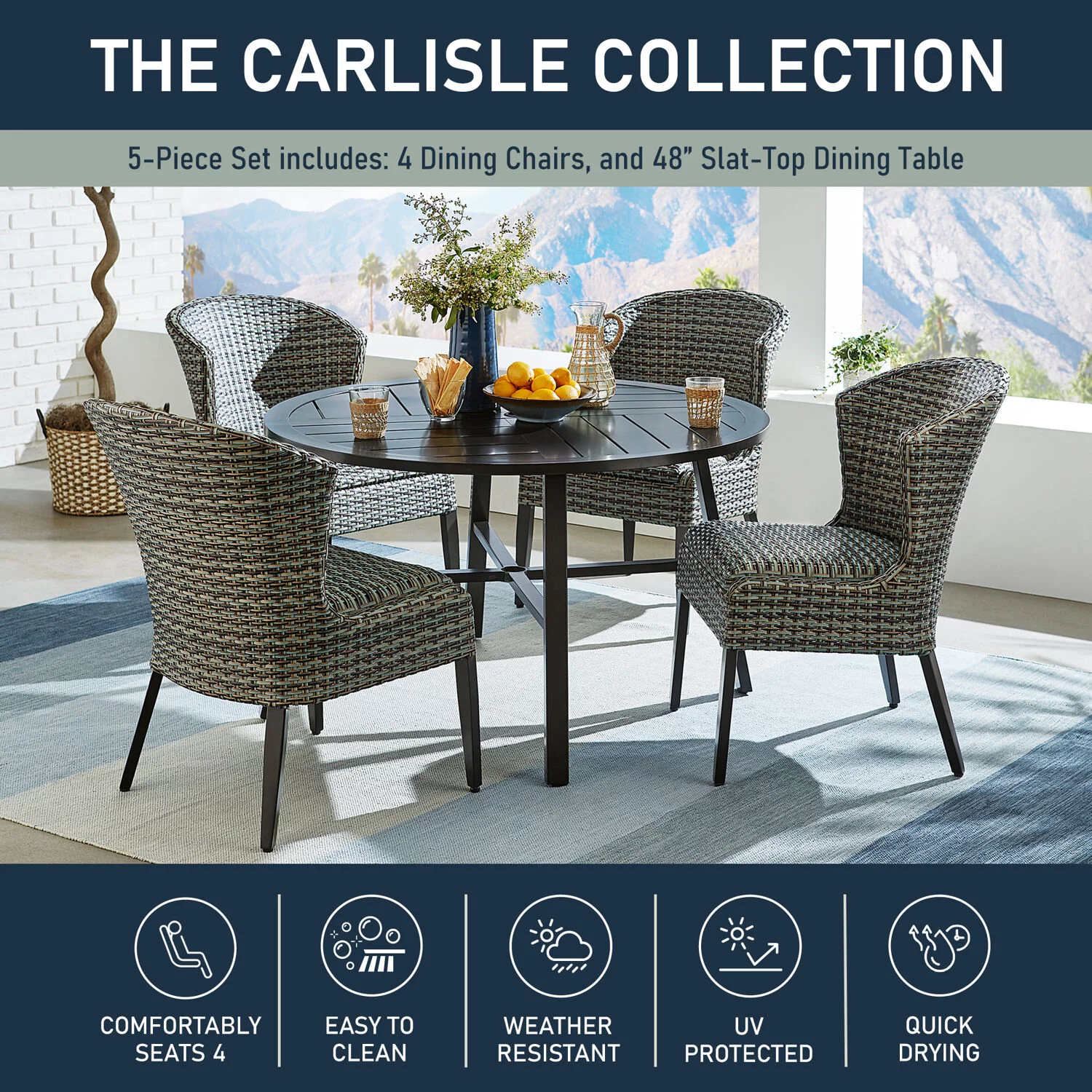 Agio Carlisle 5-Piece Premium Outdoor Dining Set, 4 Comfortable Wicker Chairs, 48