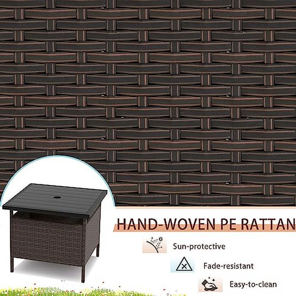 RELAX4LIFE Patio Table with Umbrella Hole - Outdoor Side Table with Umbrella Hole, 22'' Square Wicker Table w/Metal Frame, PE Rattan Bistro Dining Table for Yard, Garden, Deck, Umbrella Side Table