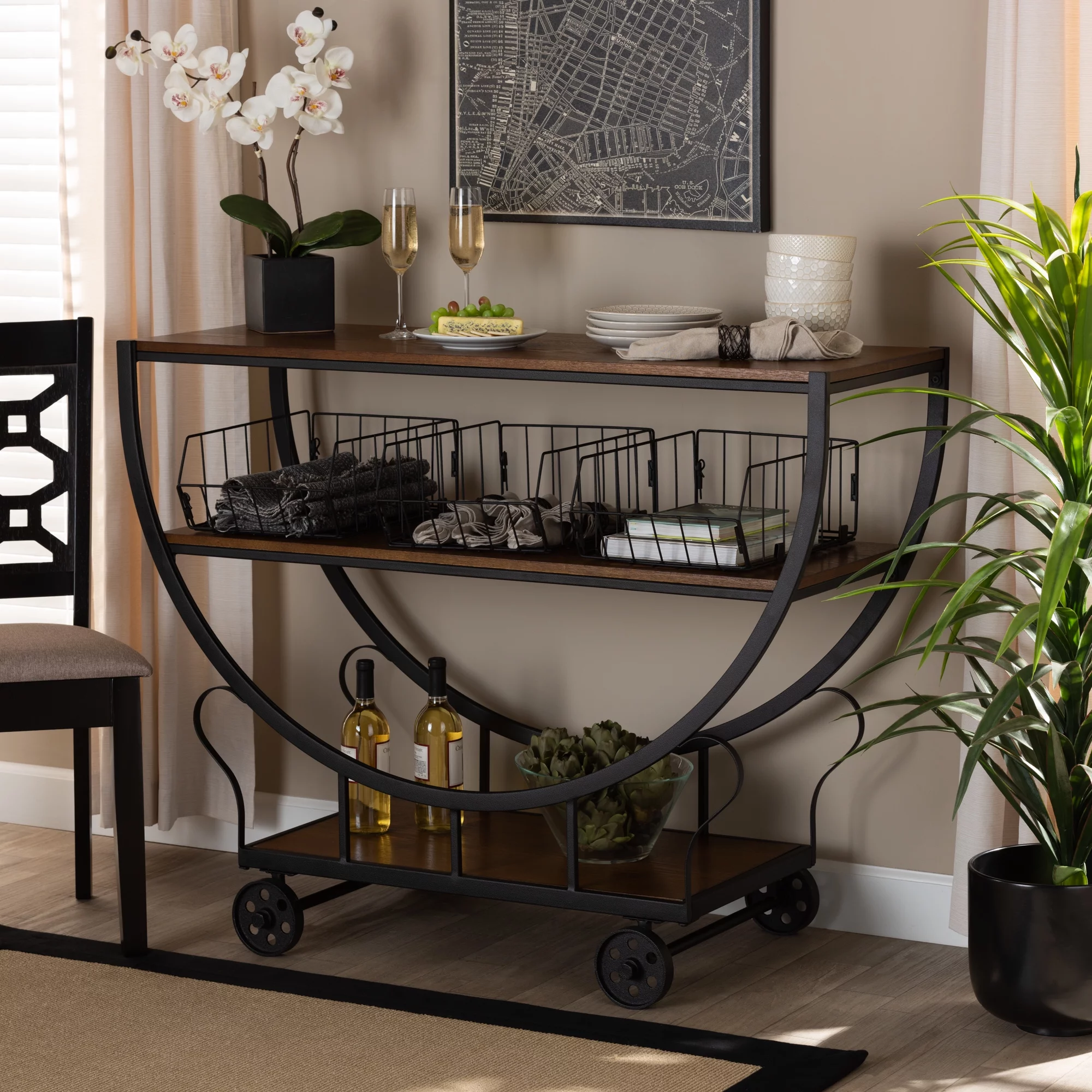 Baxton Studio Frieda Industrial Wood and Metal 3 Tier Mobile Console Table, Walnut/Black