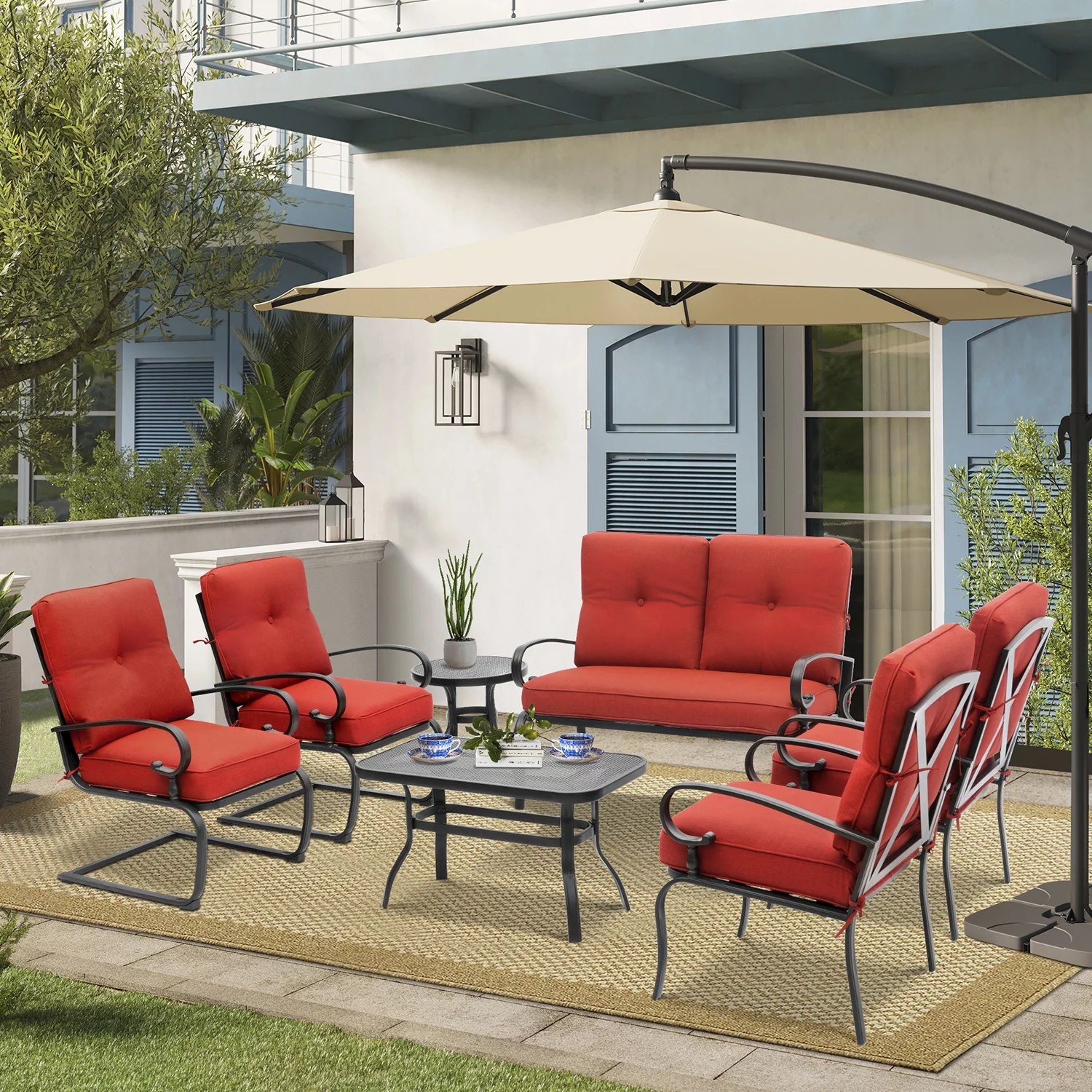 SUNCROWN 7-Piece Outdoor Metal Furniture Sets Patio Conversation Set Loveseat Louge Chairs and Table, Red