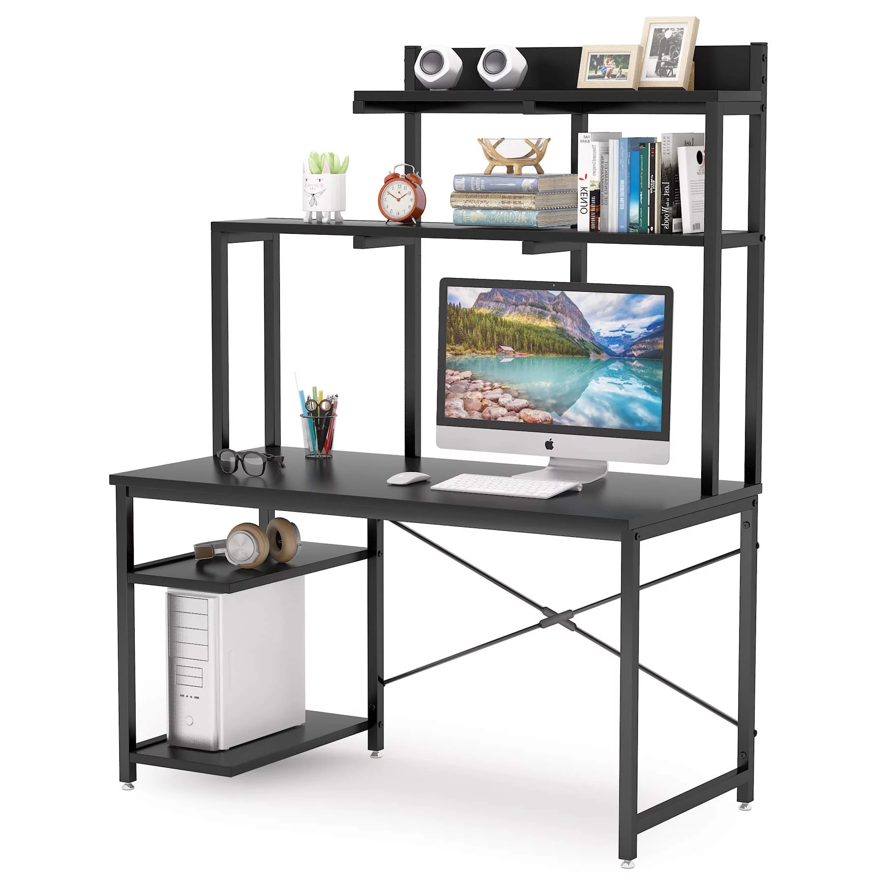 Tribesigns Computer Desk with Hutch Shelf, 47” Home Office Desk with Storage Bookshelf CPU Stand,Writing Study Table for Small Space