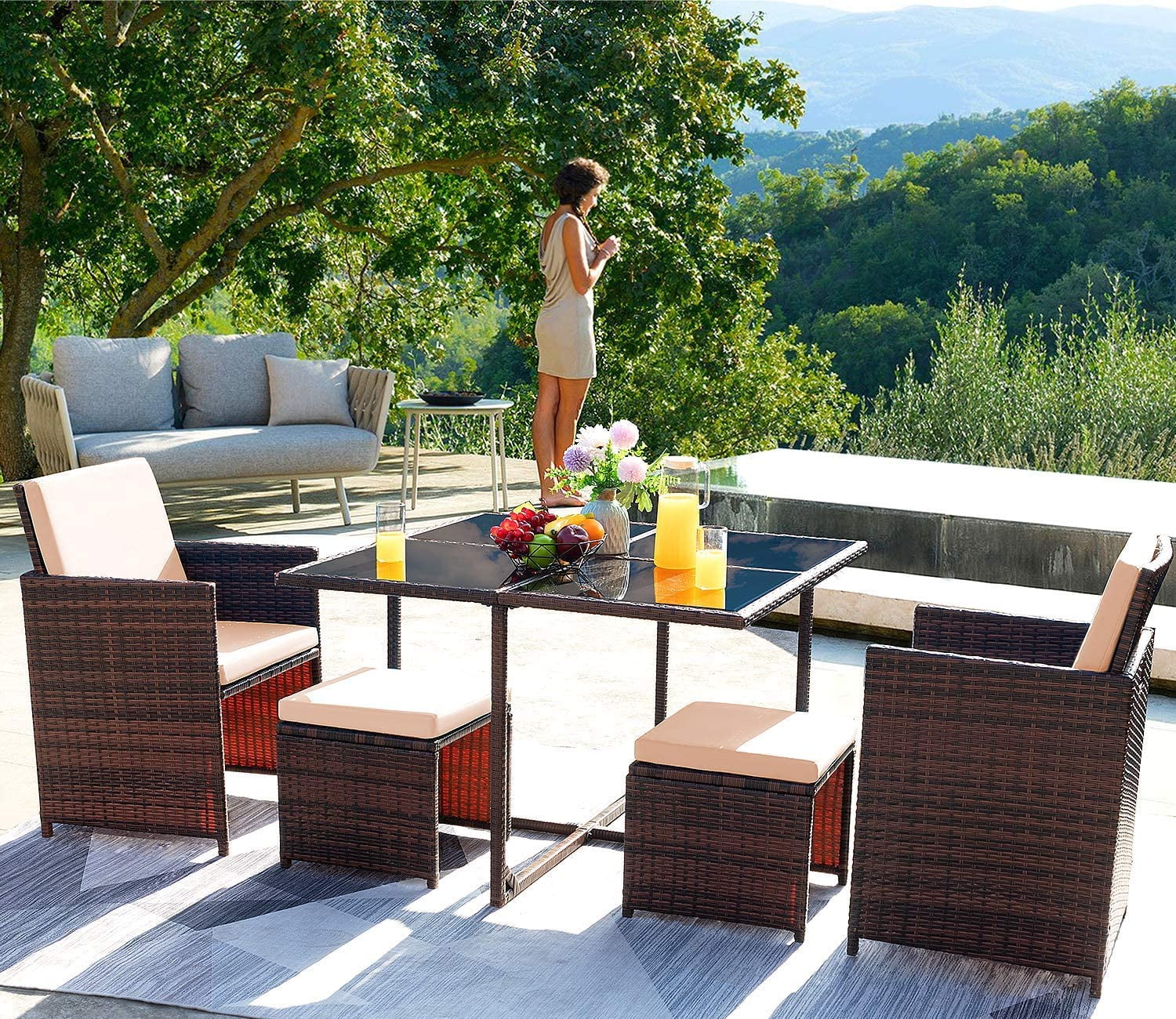 Vineego 5 Pieces Patio Sets Outdoor Wicker Conversation Sets Rattan Chairs with Ottomans and Tempered Glass Table(Beige)