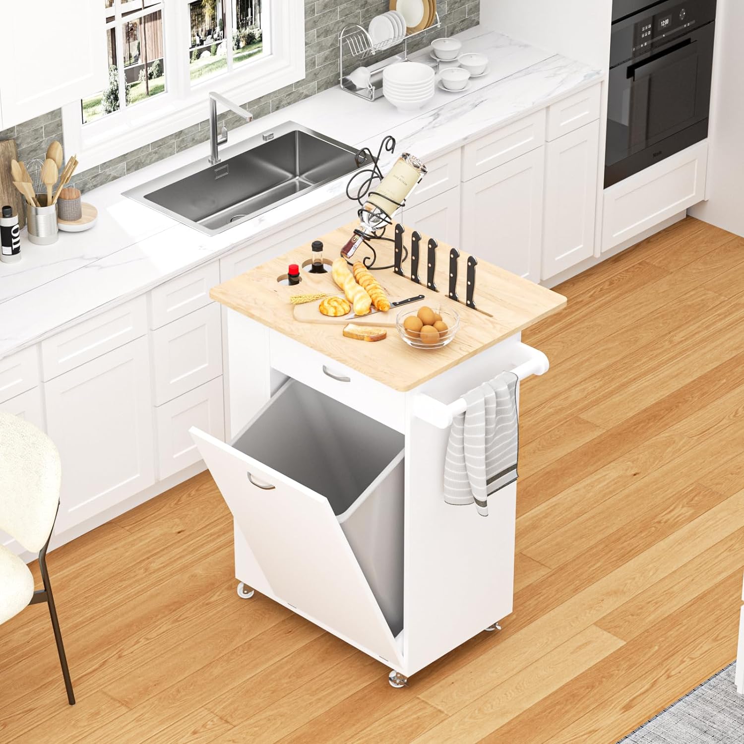 Veanerwood Kitchen Island with Drop Leaf - Trash Cabinet Tilt Out 10 Gallon Storage, Portable Cart with Rubberwood Top, Spice Rack, and Drawers for Dining Room