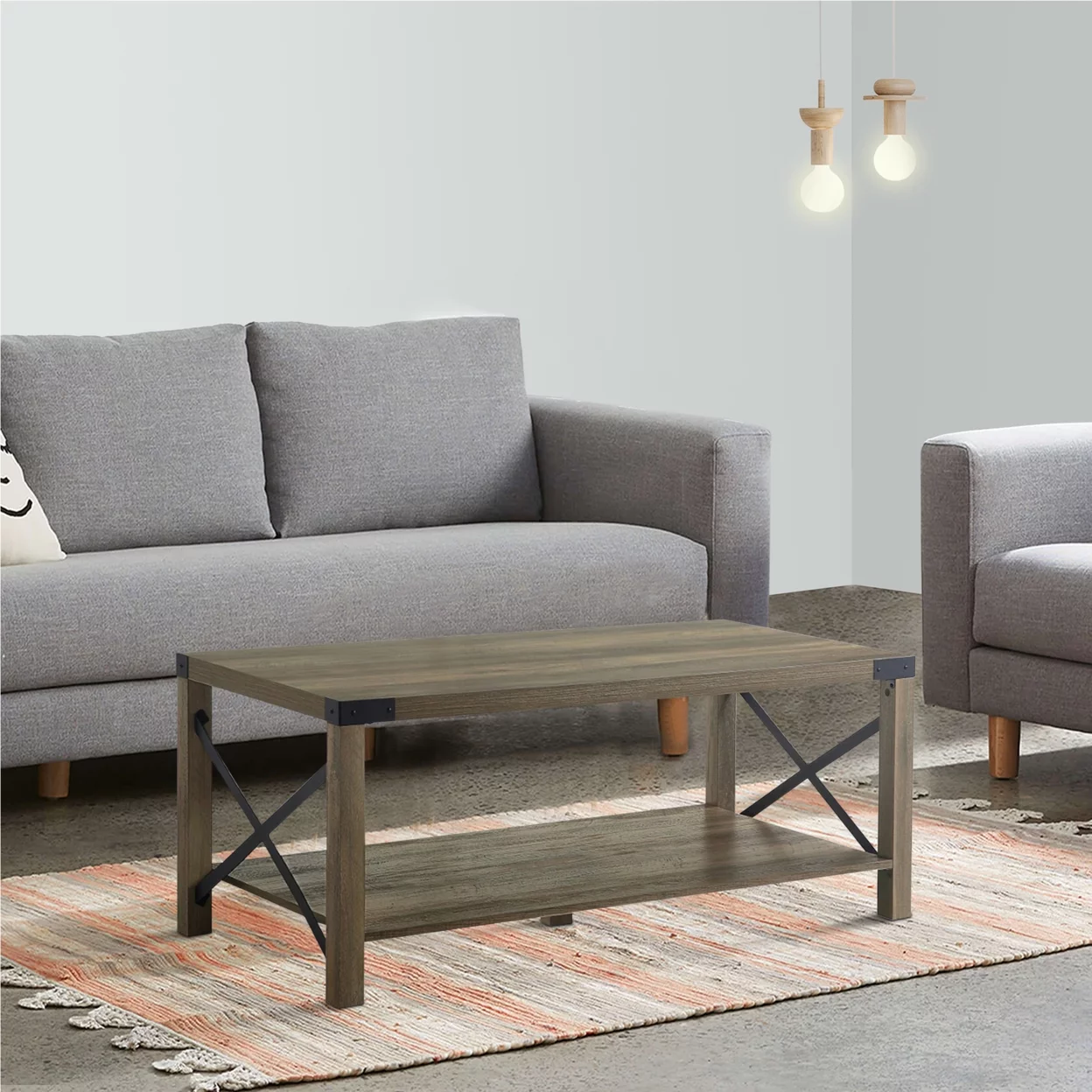 Eli 47 Inch Wood Coffee Table Metal Brackets Cross Bars Rustic Oak Brown - Saltoro Sherpi