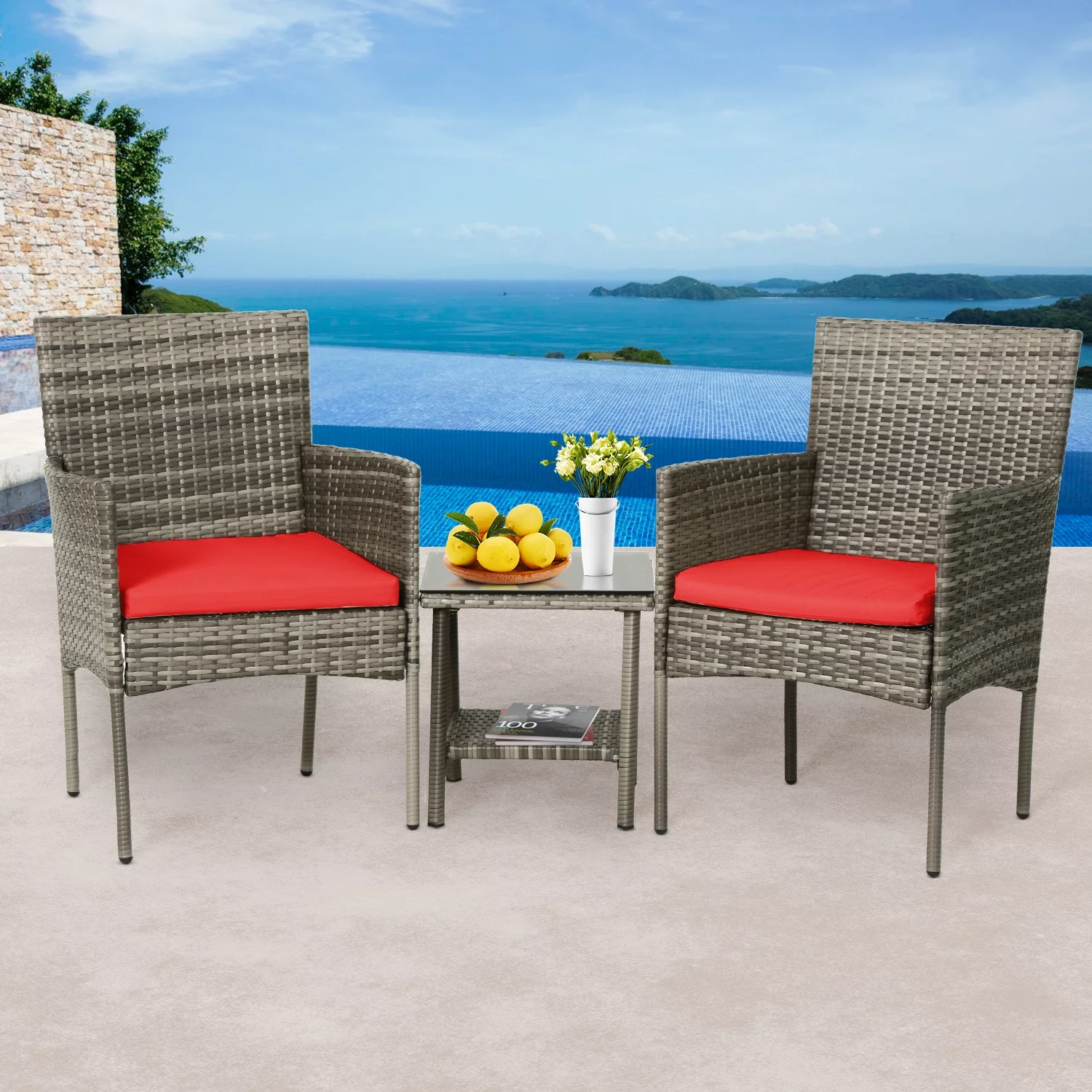 Dkelincs 3 Piece Patio Furniture Set Wicker Rattan Chair Outdoor Bistro with Cushion and Glass Coffee Table for Balcony Yard Poolside, Red