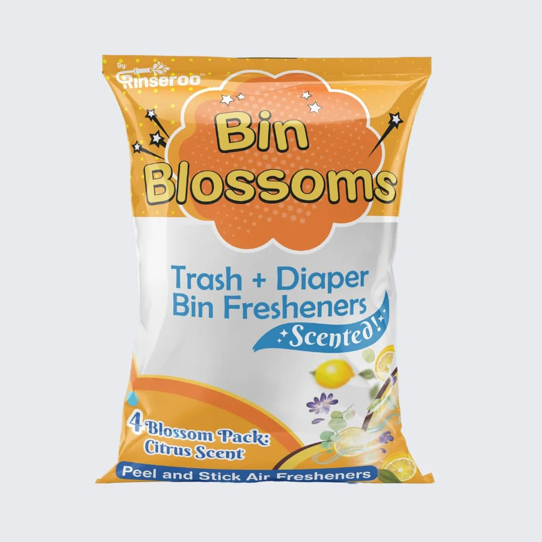 Bin Blossoms: 4-Pack Citrus Fresh Peel & Stick Air Freshener, Trash Can Odor/Smell Neutralizer, Diaper Pail Odor Control, Garbage Bin & Trash Deodorizer, Stick On Air Freshener for Trash Lid or Base