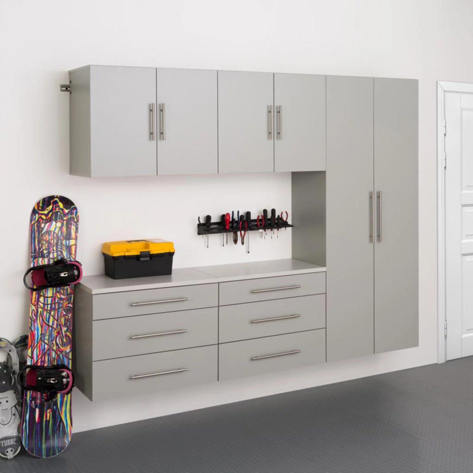 Prepac HangUps 90-Inch 5-Piece Wooden Garage Storage Cabinets, Grey, 300-Pound Capacity