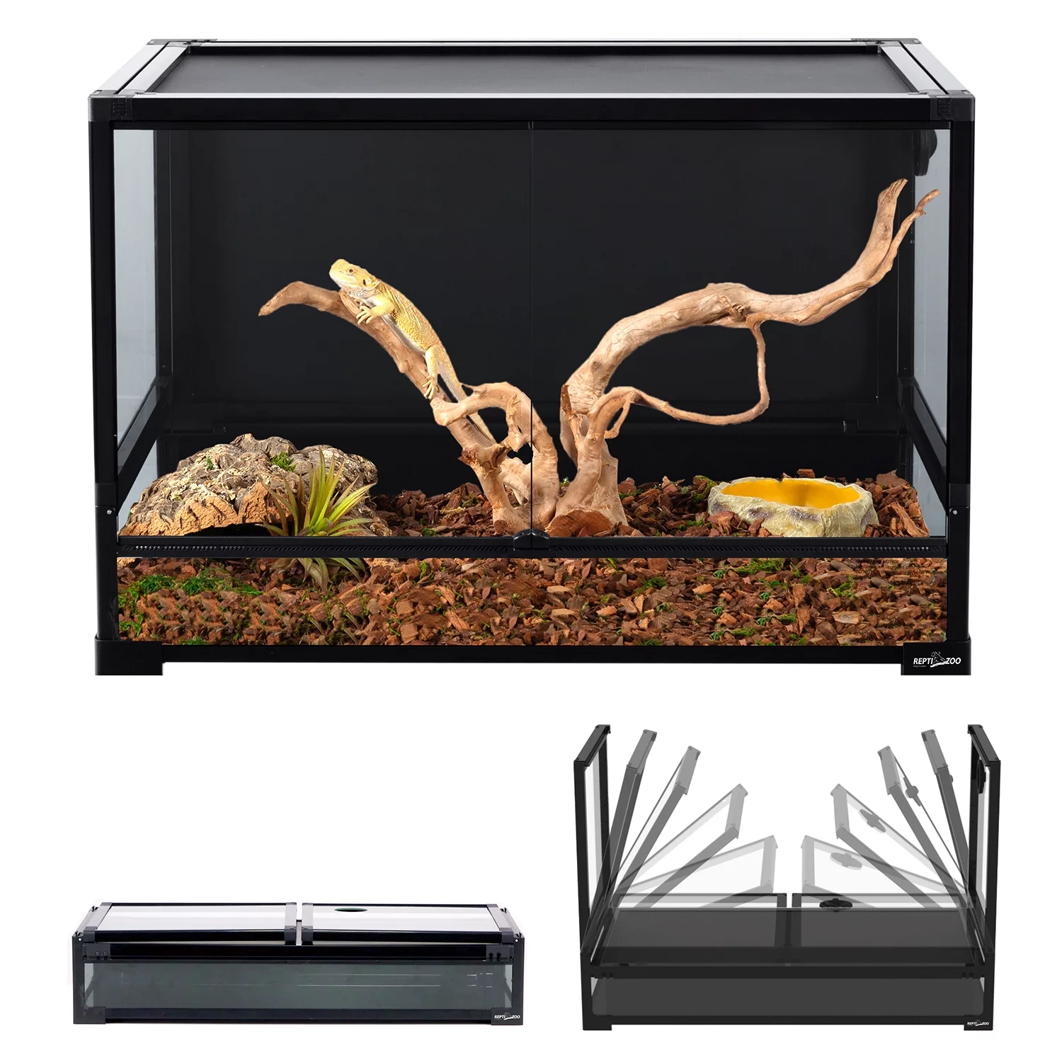 REPTI ZOO New Designed Collapsible Reptile Terrarium 67 Gallon, Full Tempered Glass Reptile Tank 36