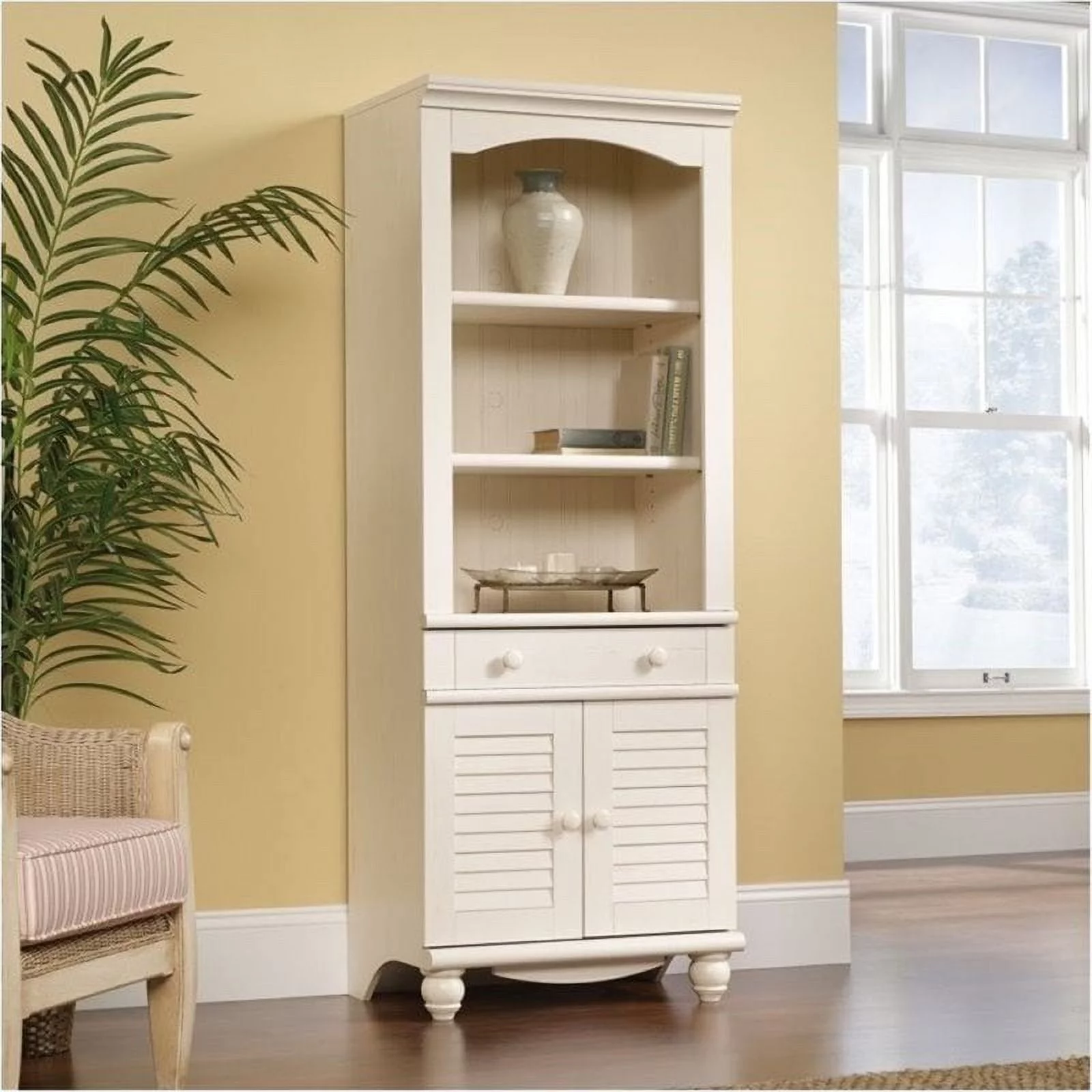 Bowery Hill Pinellas Tall Bookcase With Doors in Antiqued White