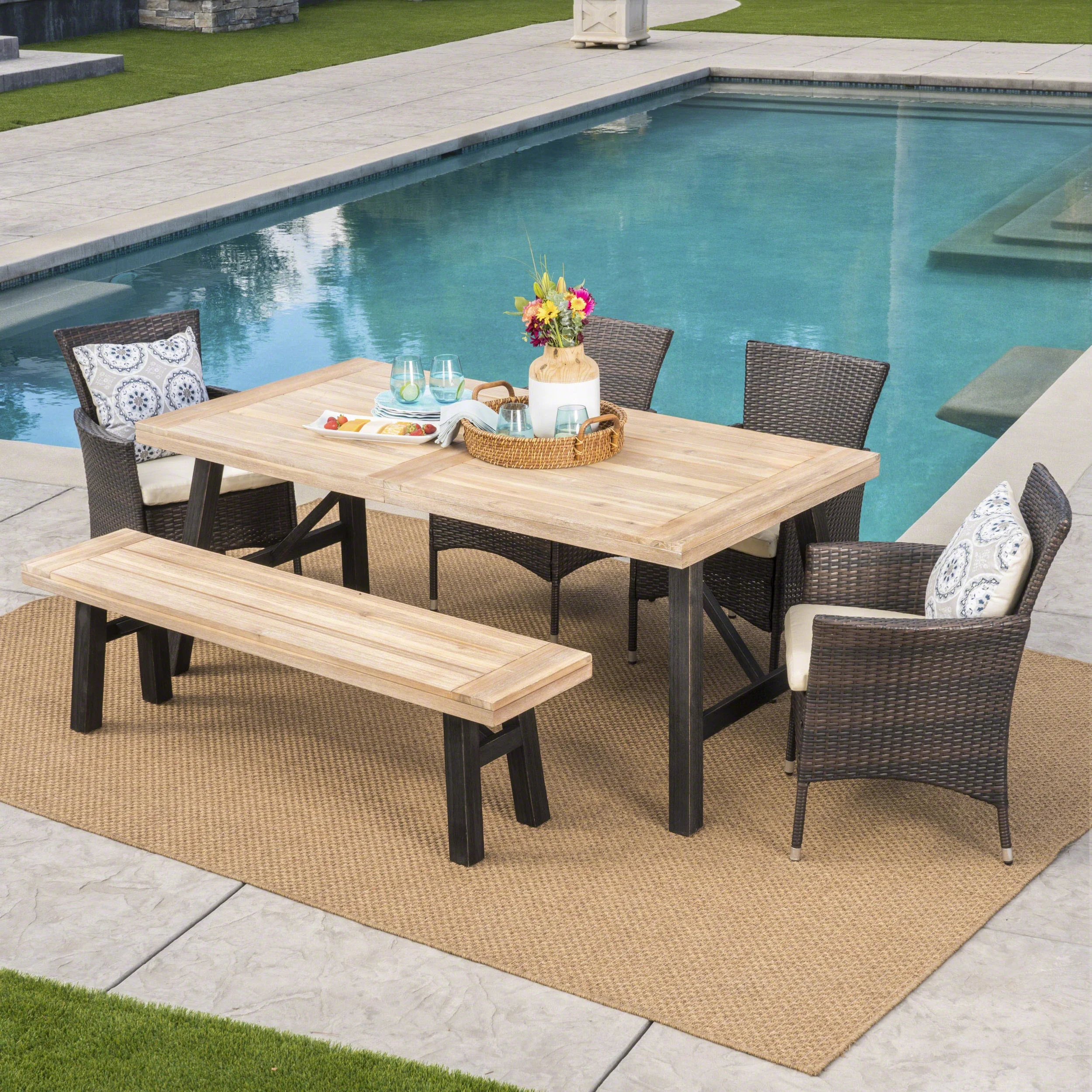 GDF Studio Bruna Outdoor Wicker and Acacia Wood 6 Piece Dining Set with Bench, Brushed Gray, Multibrown, and Beige