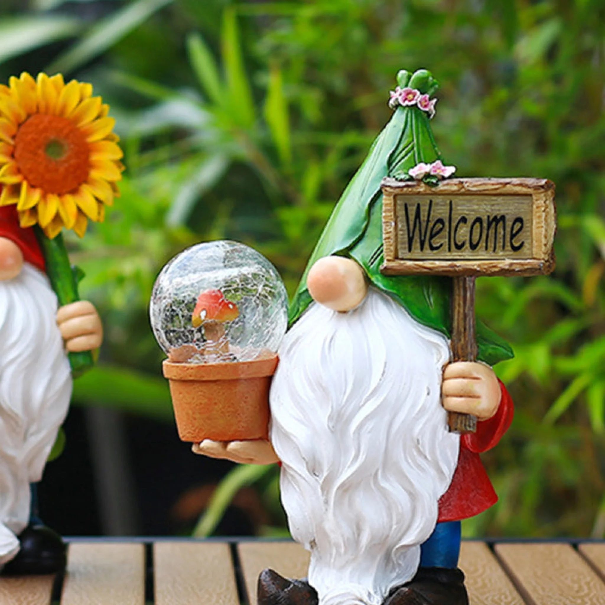 Solar Elf with a Magical Orb and Welcome Sign | Garden Gnome Decoration