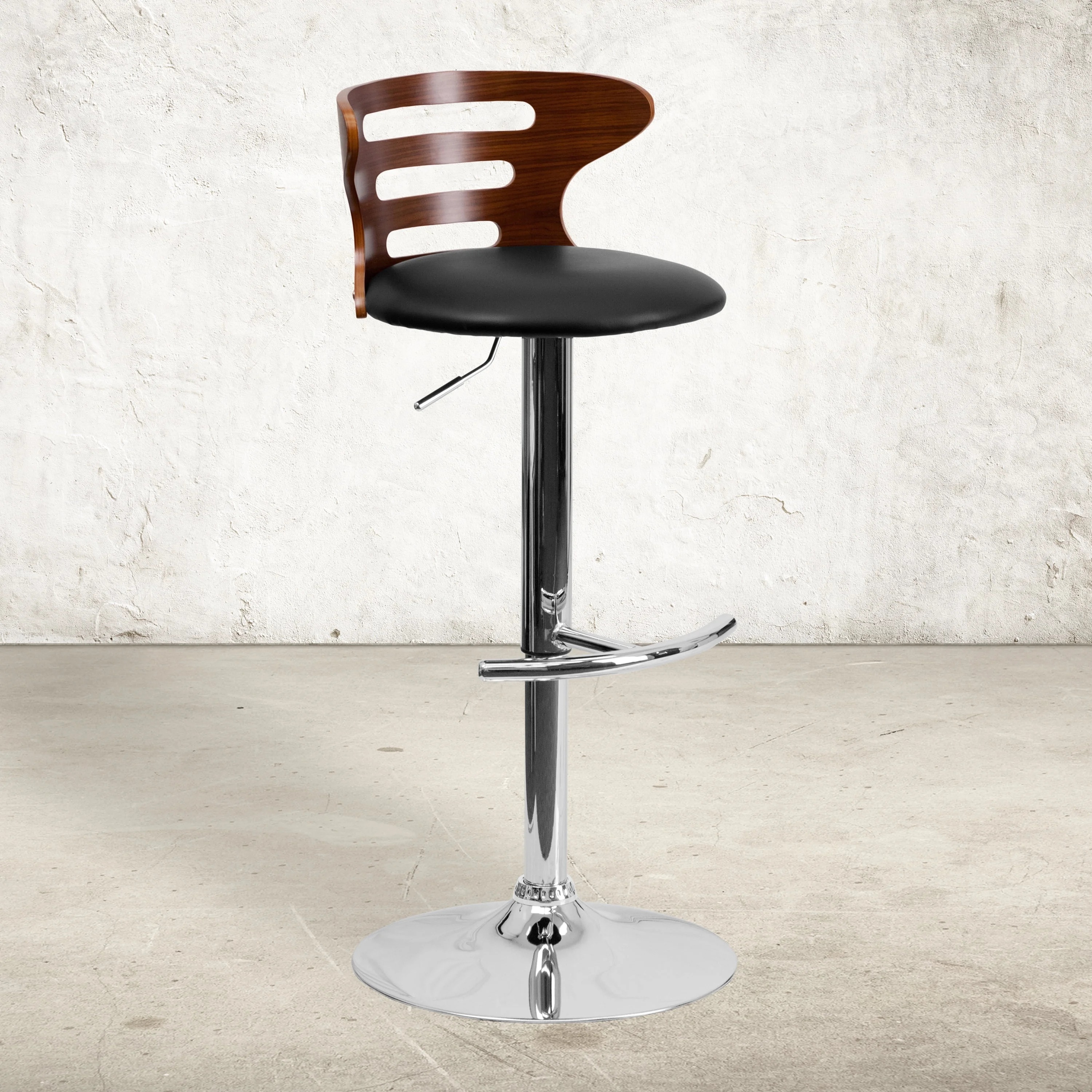 Flash Furniture Gallahan Walnut Bentwood Adjustable Height Barstool with Three Slot Cutout Back and Black Vinyl Seat