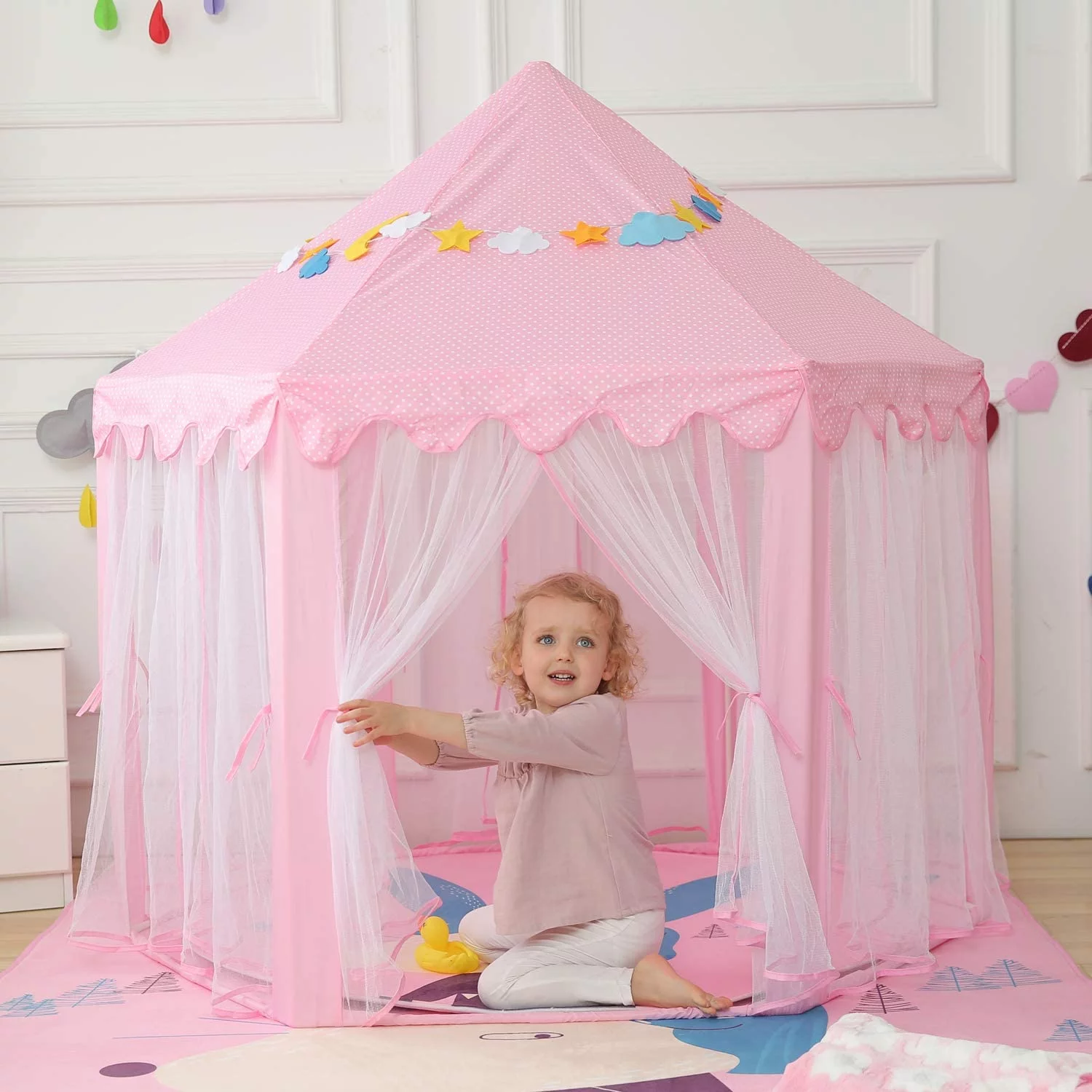 HomeDirect Princess Castle Playhouse Tent for Girls with LED Star Lights – Indoor & Outdoor Large Kids Play Tent for Imaginative Games – ASTM Certified, Princess Tent, 230 Polyester Taffeta. Pink