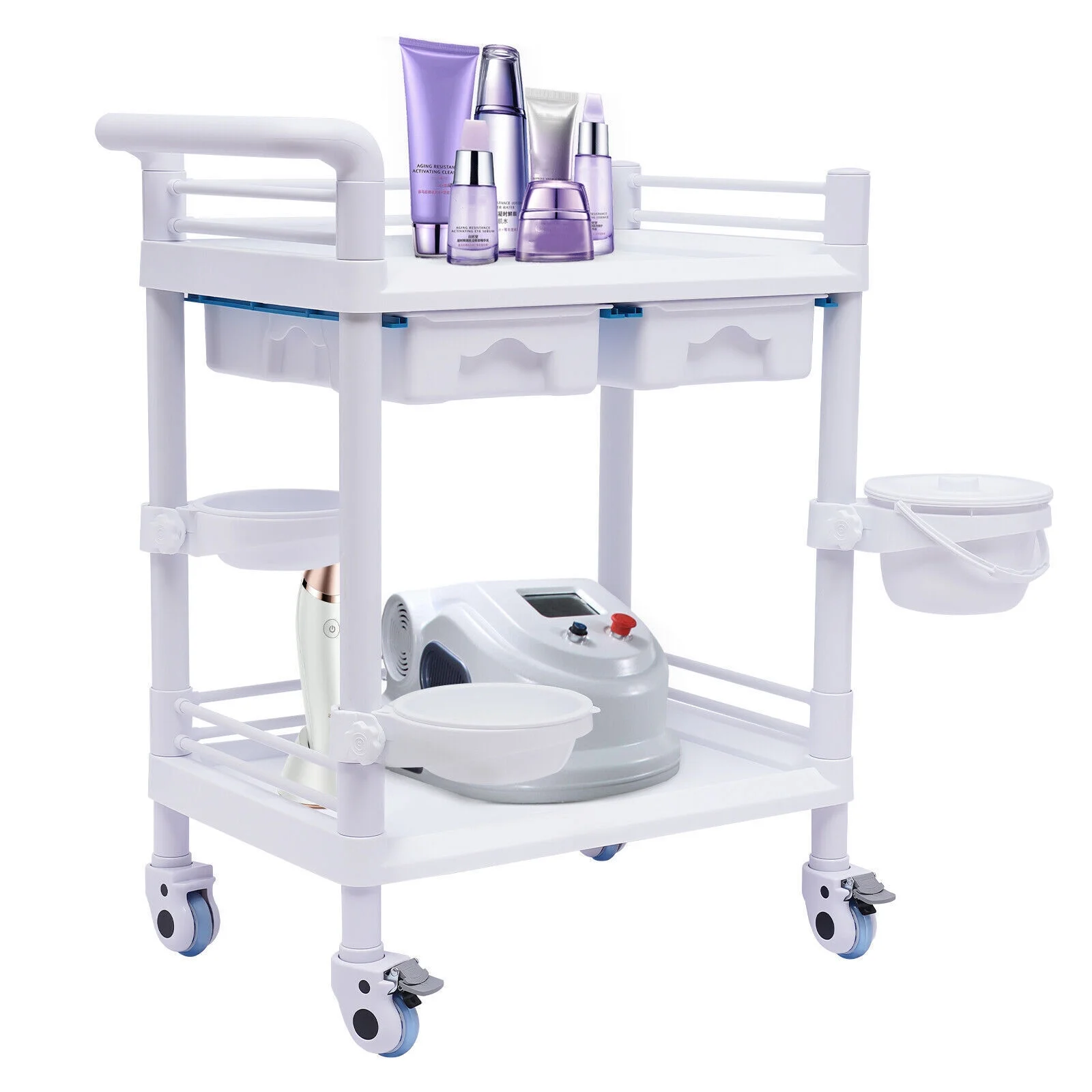 ZhdnBhnos 2 Tier White Rolling Medical Trolley Dental Mobile Utility Cart with 360° Rotate Wheels For Hospital Clinic Beauty Salon