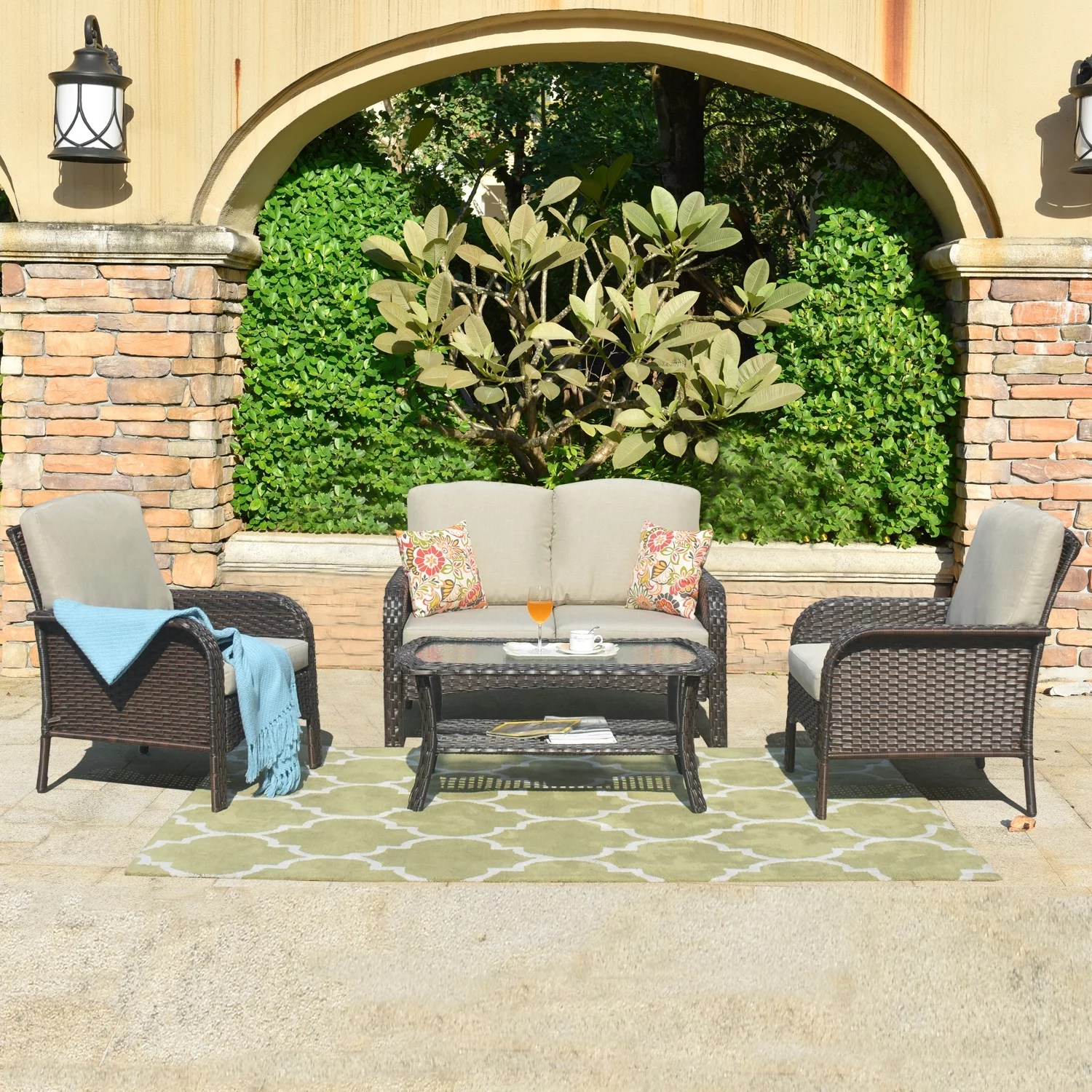 Ovios Patio Furniture Sets 4 Pieces, All Weather Water-Resistant Rattan Wicker Deep Seating Outdoor