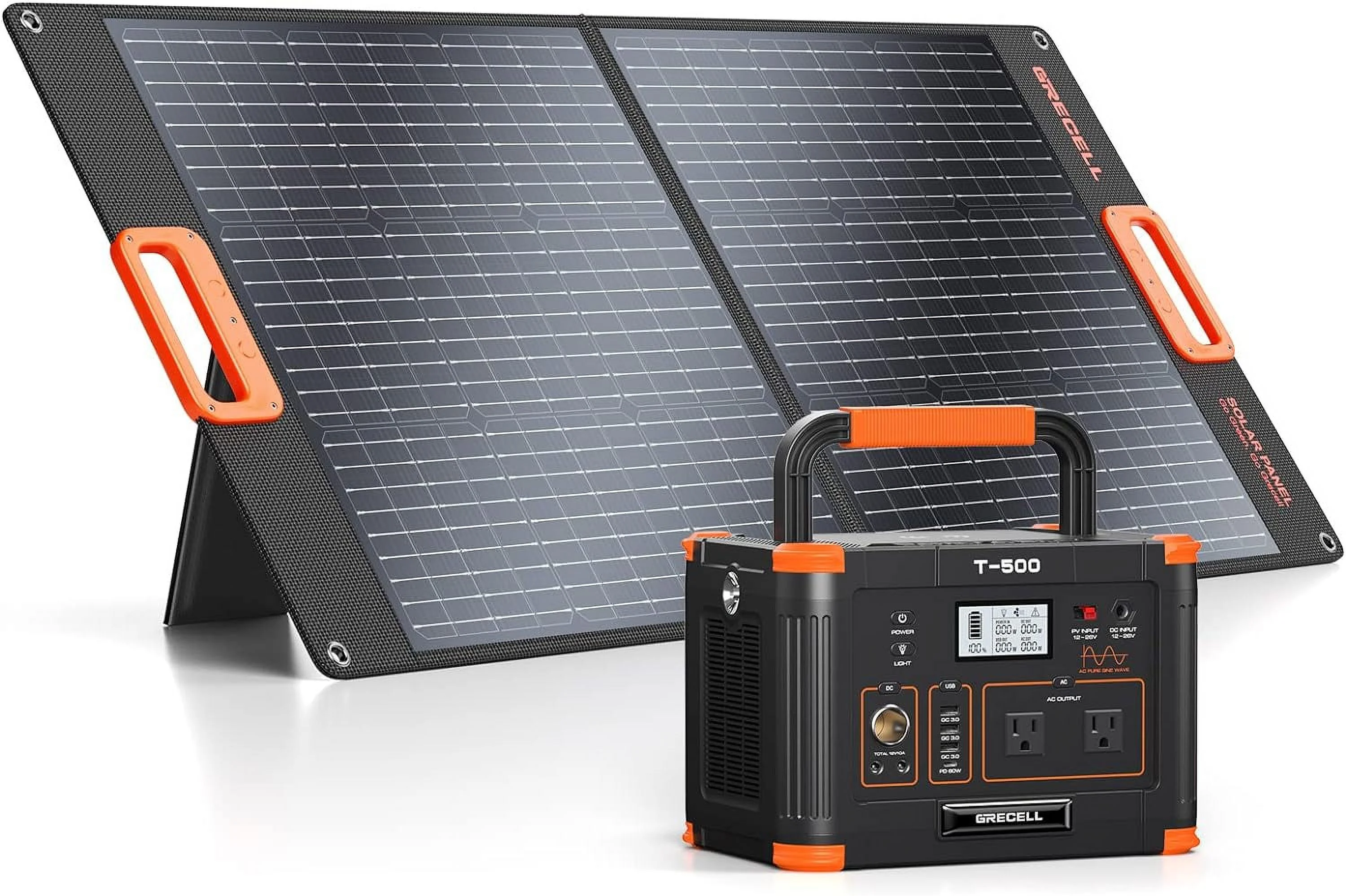 GRECELL 500W Power Station 100W with Portable Solar Panel Kit , 519Wh/140400mAh Solar Generator Outdoor Backup Lithium Battery Pack Power Supply with AC Outlet for Camping Home Emergency Traveling