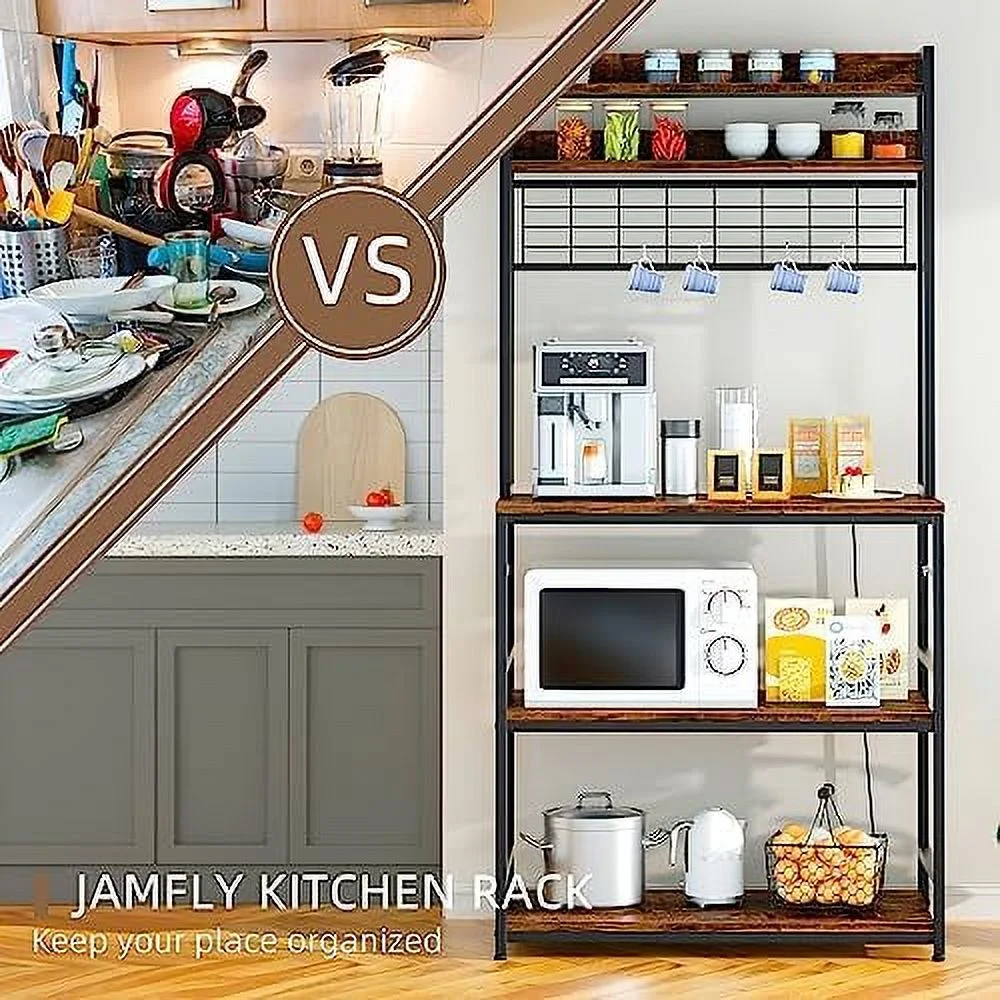 xrboomlife Kitchen Bakers Rack with Power Outlet  Coffee  Cabinet  Kitchen Racks with  Cabinet  5-Tier Microwave Stand with 10 Hooks and Metal Wire Panel (31.5''  Gray)