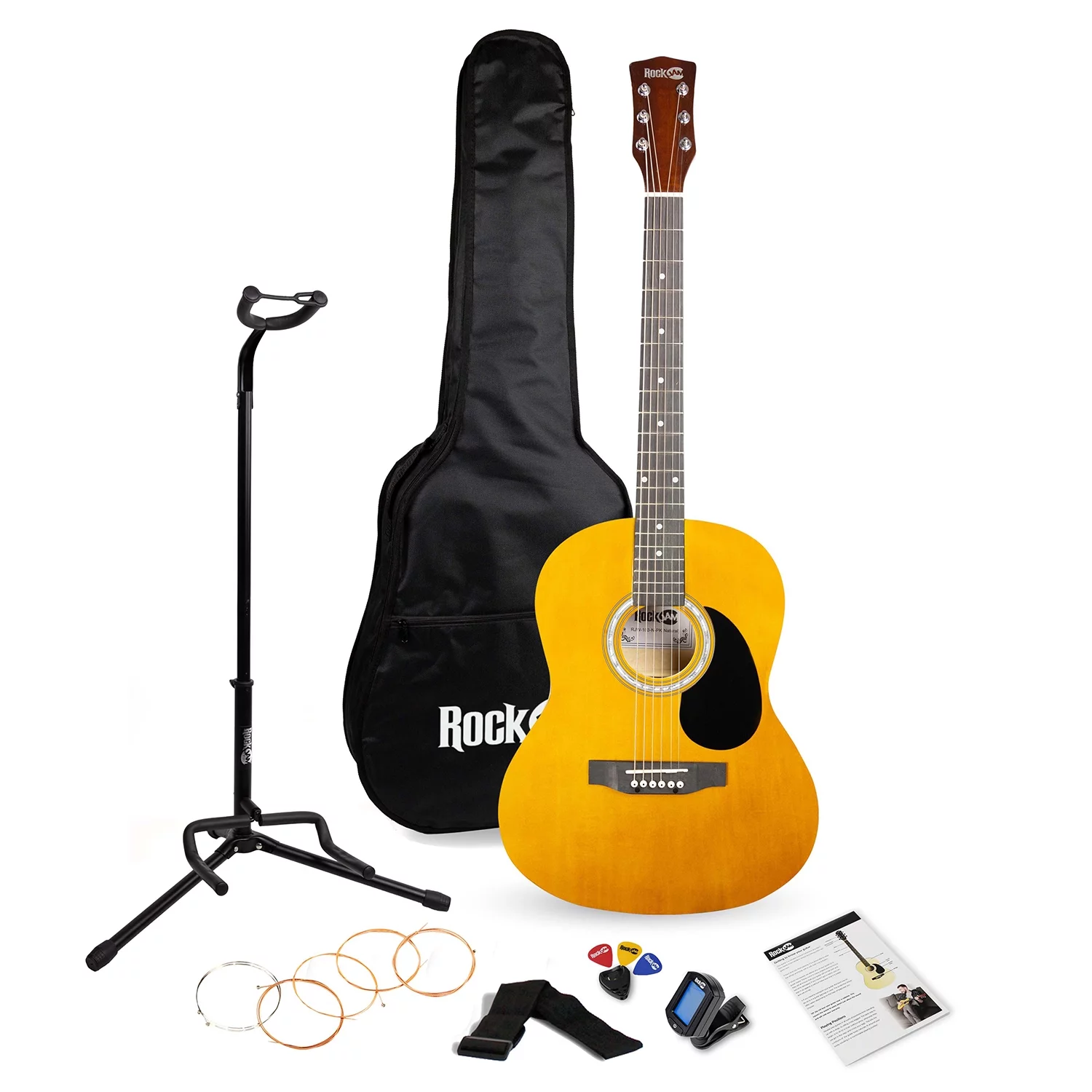 RockJam Natural Full-Size Dreadnought Acoustic Guitar Kit with Guitar Tuner, Guitar Bag ,Guitar Stand & Lessons